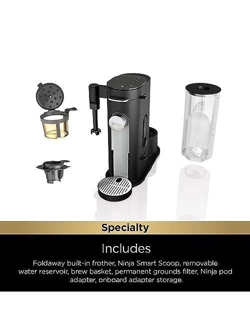 Ninja Pod & Grounds Specialty Single-Serve Coffee Maker, K-Cup Pod Compatible, Brews Grounds, Compact Design, Built-In Milk Frother, 56-oz. Reservoir, 6-oz. Cup to 24-oz. Mug Sizes, Black, PB051