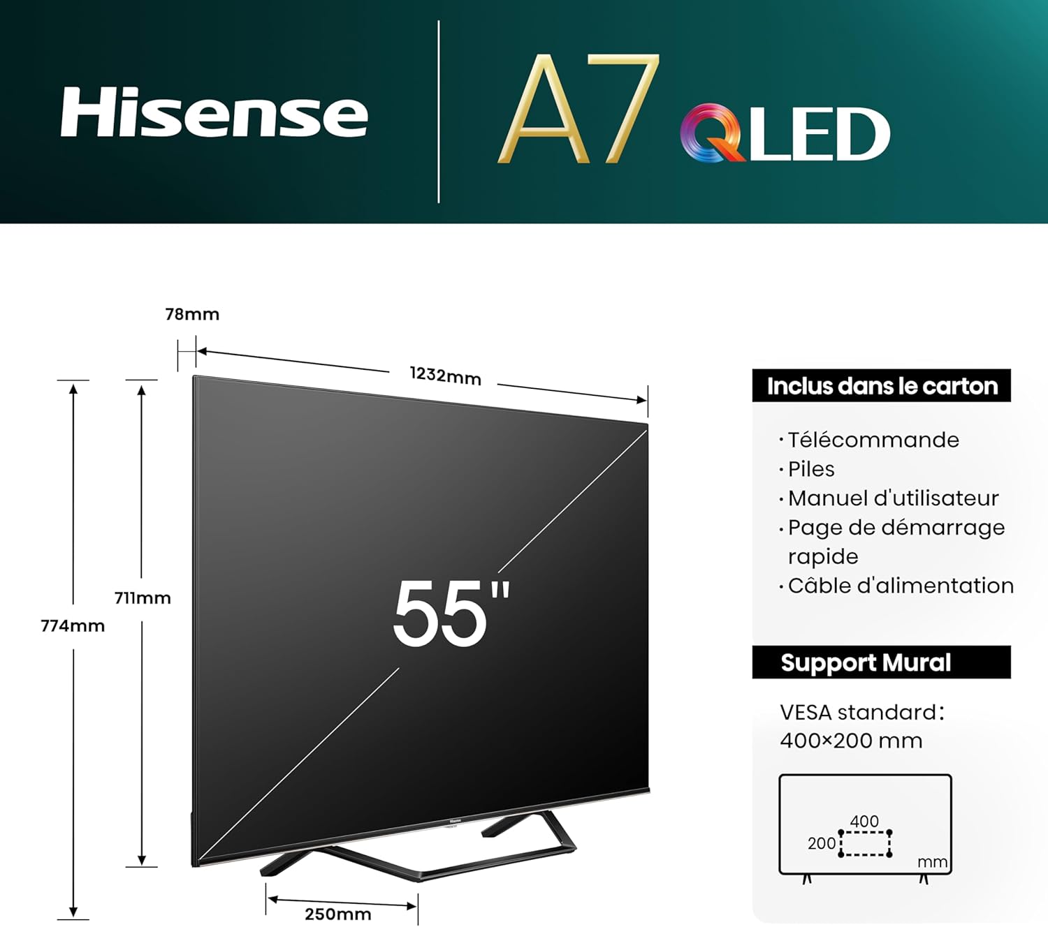 Hisense Smart TV 43 Pouces 43A6N 4K UHD, Dolby Vision, HDR, VIDAA avec Youtube, Netflix, Disney+, Canal +