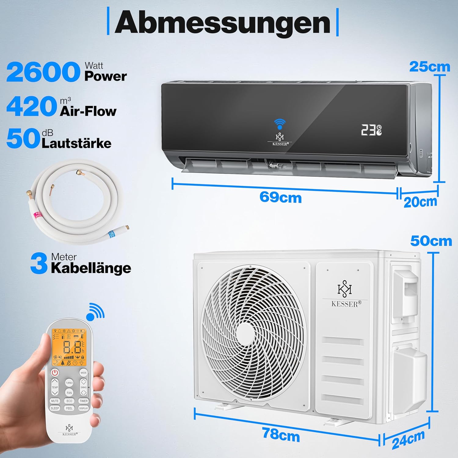 KESSER® Climatisation SET réversible - Climatiseur avec fonction WiFi/Application - Refroidissement A++/ Chauffage A+, Fluide réfrigérant R32 - Écran LCD, Split 12000 BTU/h / 3400 Watt - Anthrazit