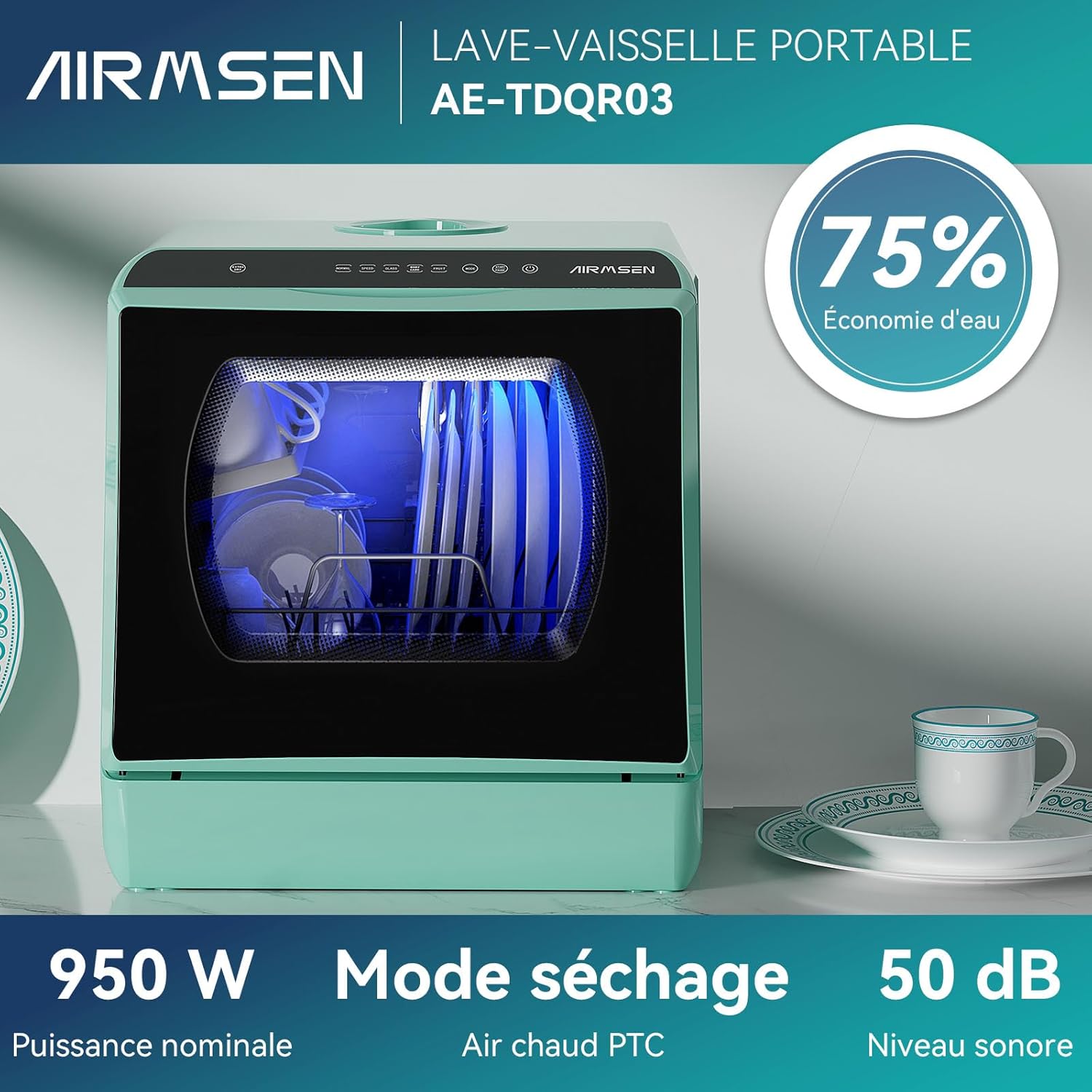 AIRMSEN Mini Lave-Vaisselle de Comptoir, 5+1 Programmes, Réservoir d'Eau de 5L, Contrôle Tactile et Écran LED, Adapté pour les Cuisines Familiales, Appartements et Dortoirs, Blanc et noir