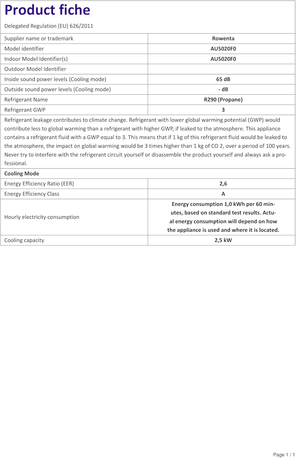 Rowenta Climatiseur portable, 3000 W, Performance énergétique classe A, Refroidissement puissant, Silencieurx, Compact, Couverture jusqu'à 100 m3, Fonction éco, Turbo Eco Sense AU5610F0