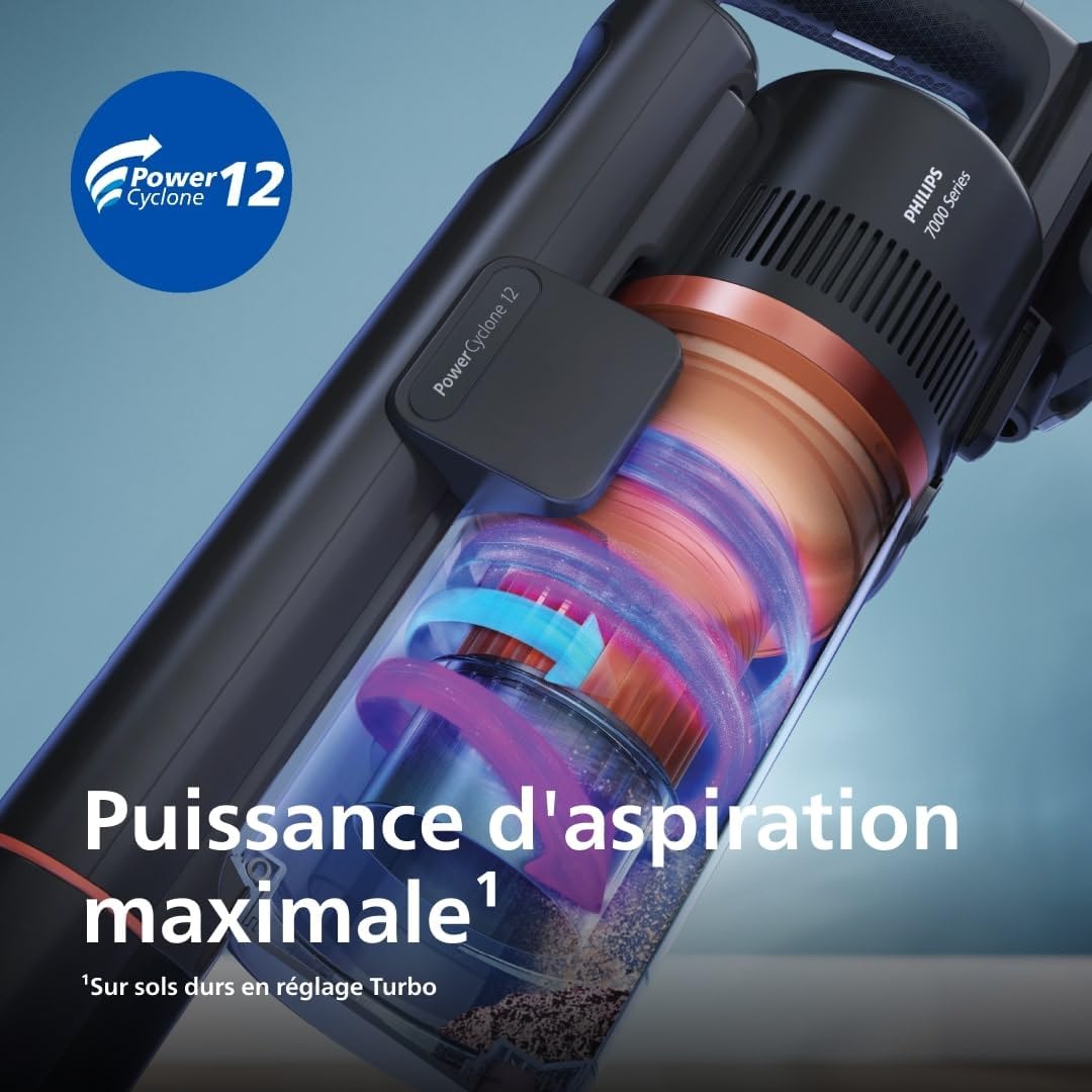 Philips Aspirateur sans fil Aqua 7000 Series, Moteur digital, PowerCyclone 12, Eclairage LED, Module Aqua amovible, Autonomie de 80 min, Inclus 2 accessoires, Bleu (XC7053/01)
