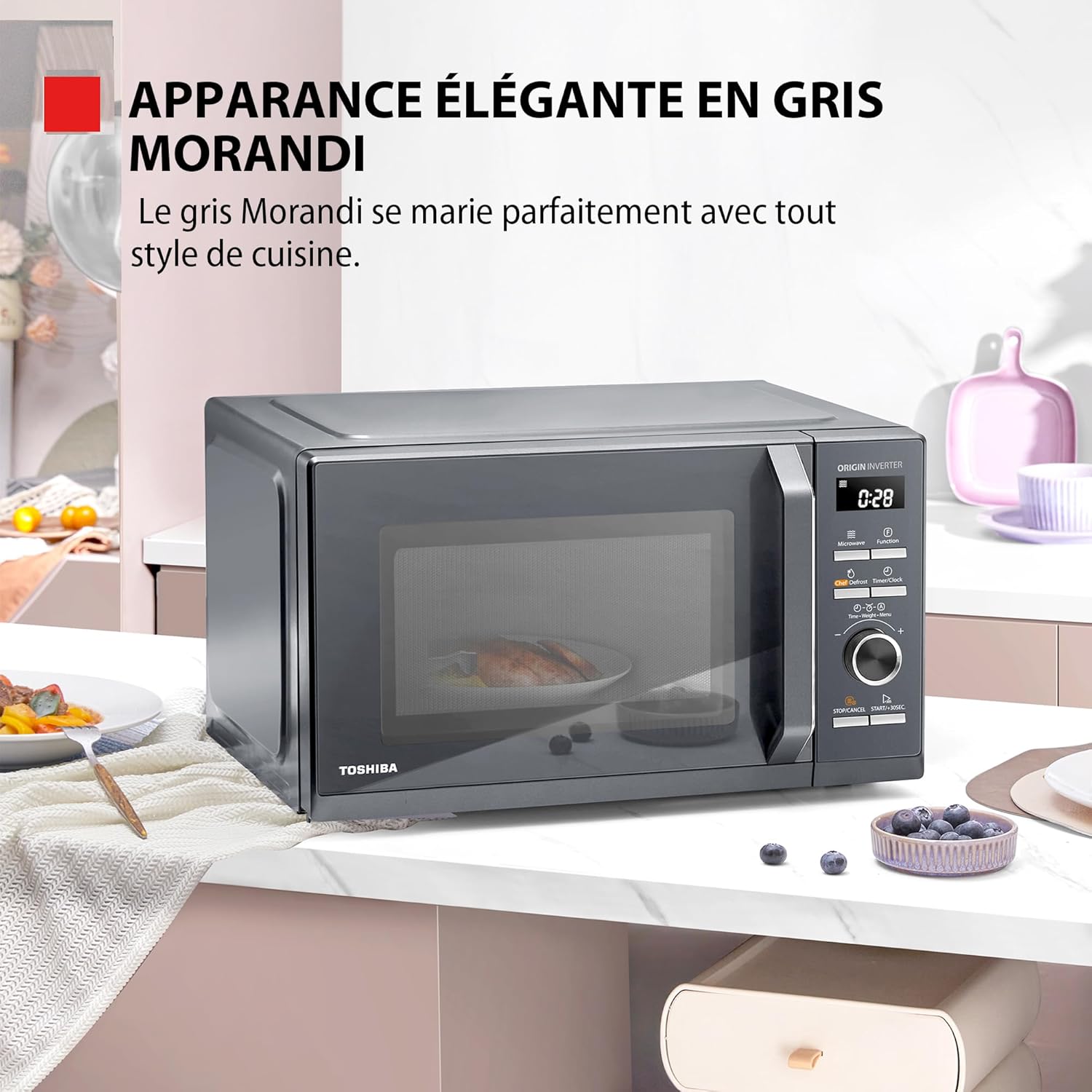 Toshiba MW3-AC26PFI(MG) Four à Micro-ondes 26L Air chaud combiné, 6-en-1 900W avec Cuiseur Vapeur en Gris Morandi, 6 Programmes 10 Niveaux de Puissance, 10 Menus Automatiques