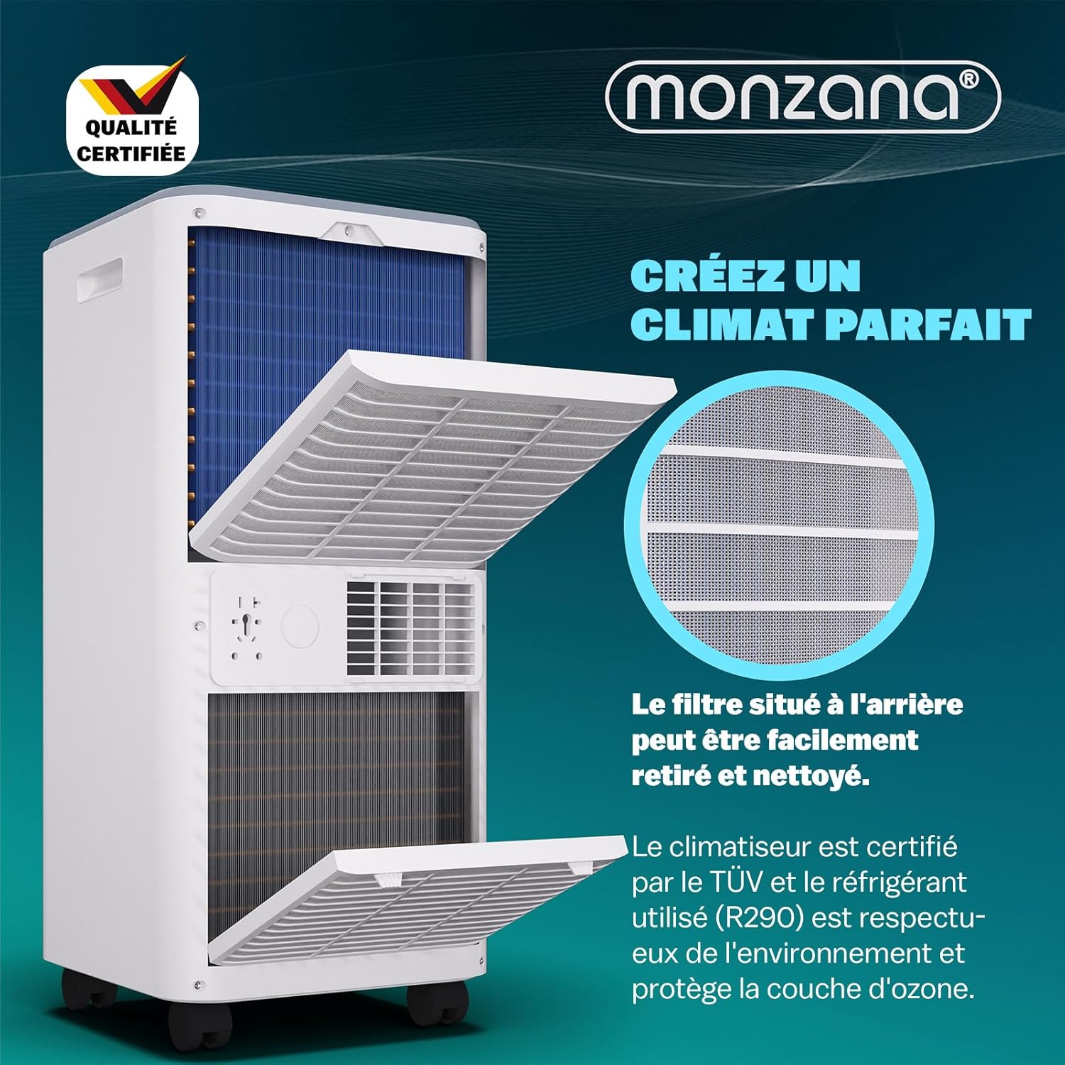 Monzana® Climatiseur Mobile MZKA2000 Tuyau d'évacuation 7000 BTU 4en1 750W 24h Timer Déshumidificateur Kit volet Roulant
