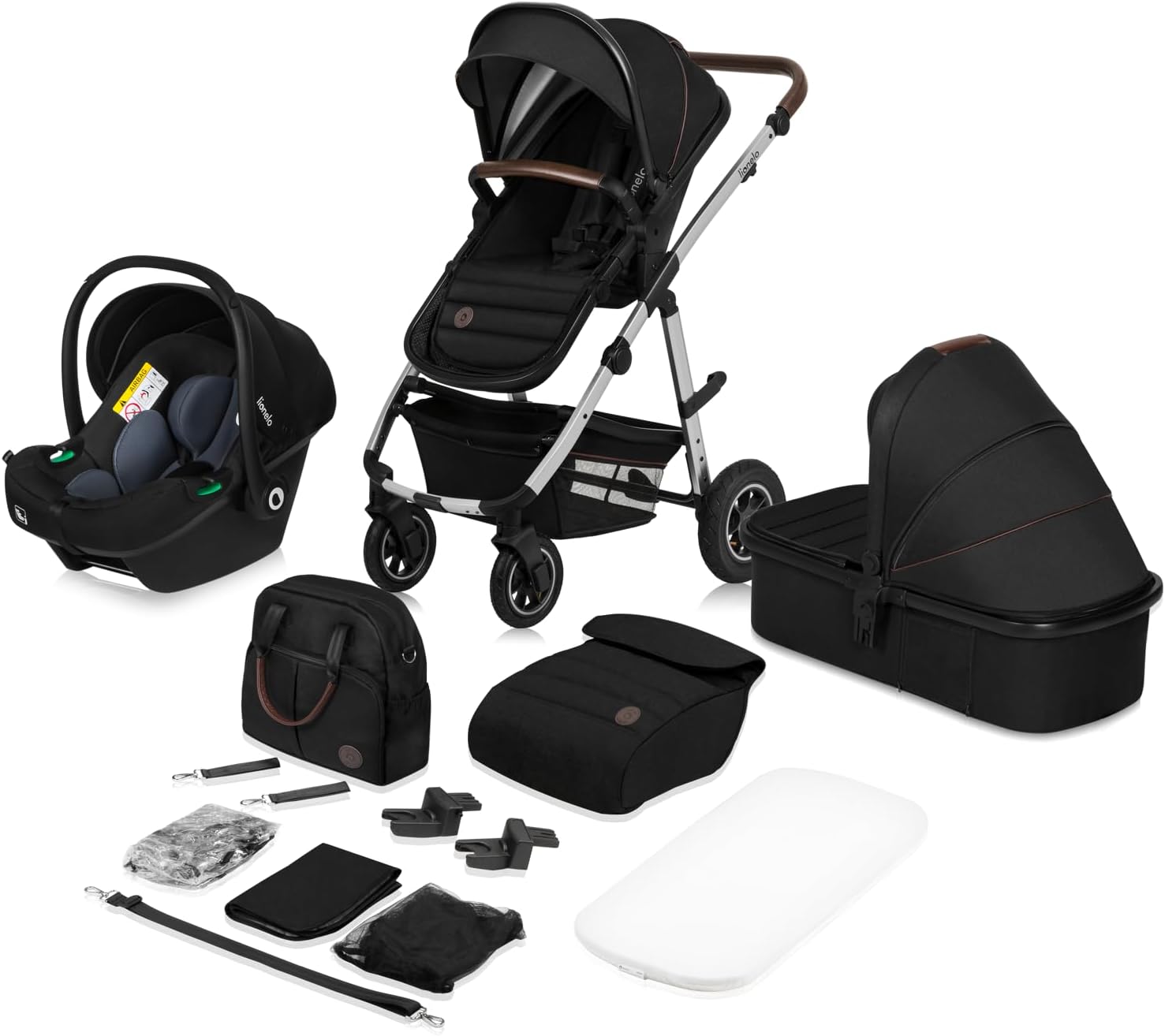 LIONELO Amber 3 in 1 poussette multifonctionnellle, landau, ensemble poussette avec siège sport et nacelle fixe, sac, moustiquaire, couvrir, feuille de pluie mit siege auto