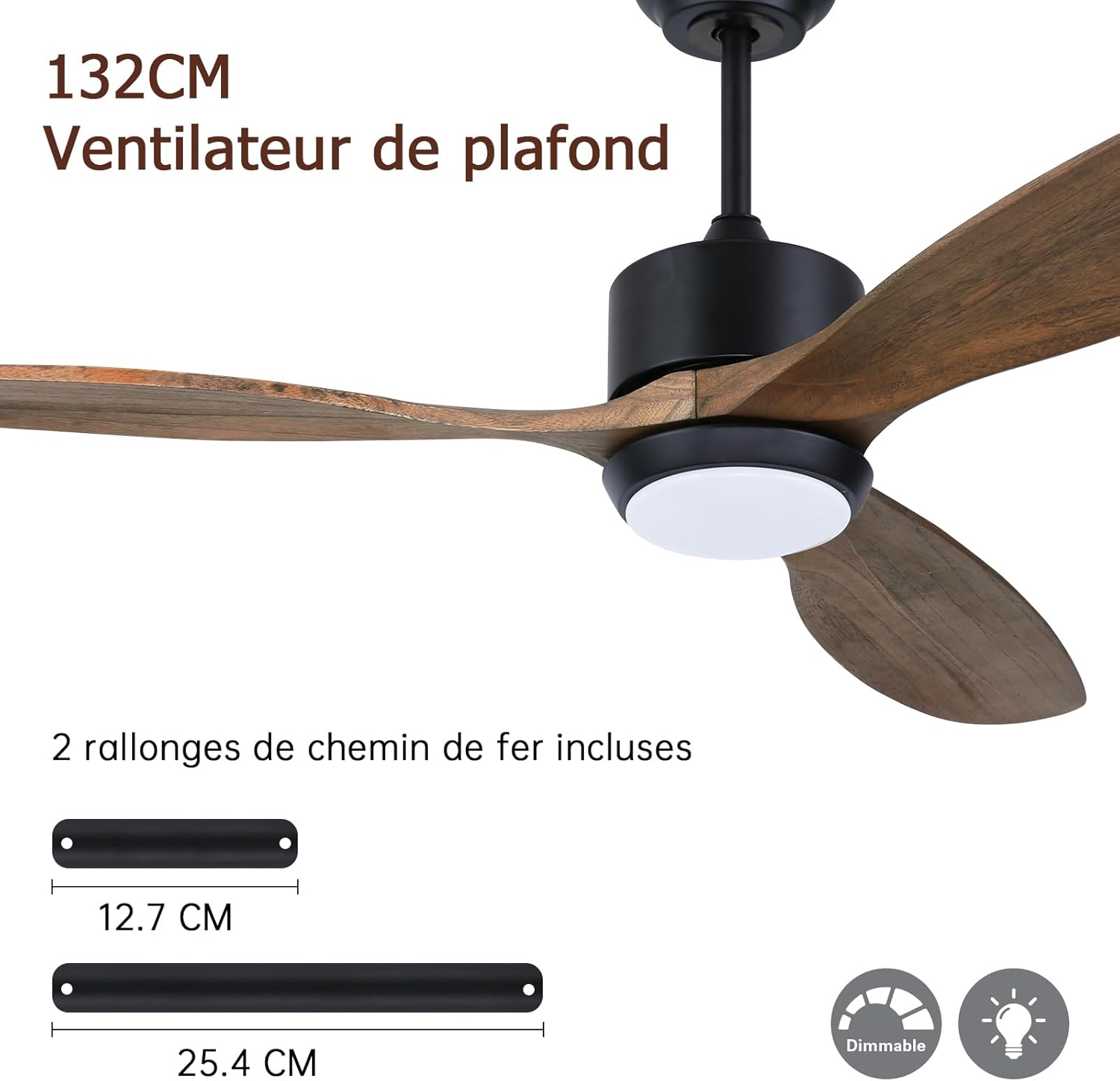 Ovlaim 132cm intérieur extérieur 3 pales hélice Smart ventilateur de plafond, Ventilateur de plafond en bois massif à moteur DC silencieux avect