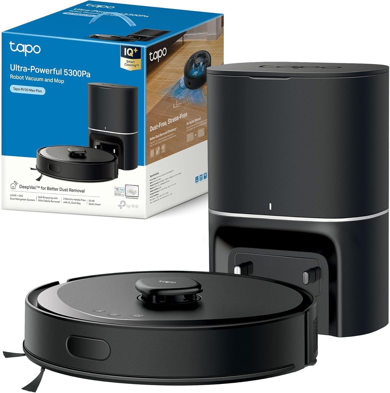 Tapo Aspirateur Robot Laveur 2 en 1 RV20Max Plus, Vidage Automatique, Silencieux Ultra Fin, Ultra puissante de 5300Pa, Navigation LiDAR, Auto-Charge Autonomie 180min, Tapis et Poils d'animaux