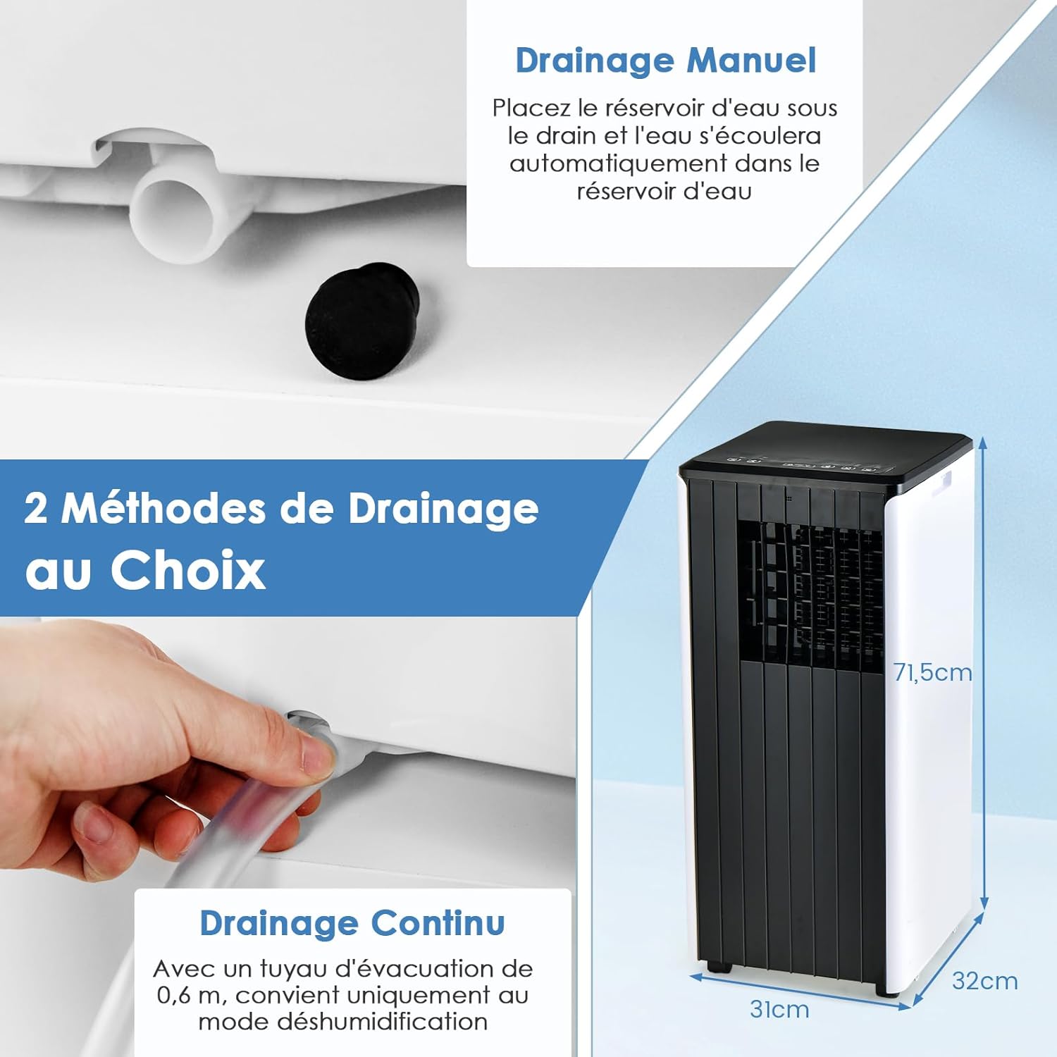 RELAX4LIFE Climatiseur Mobile Silencieux 9000BTU, Climatiseur Portable 4 en 1, Refroidisseur d'Air, Ventilateur, Déshumidificateur, Mode Nuit, 15-20㎡, Télécommande, Minuterie 24H, Classe Energie A