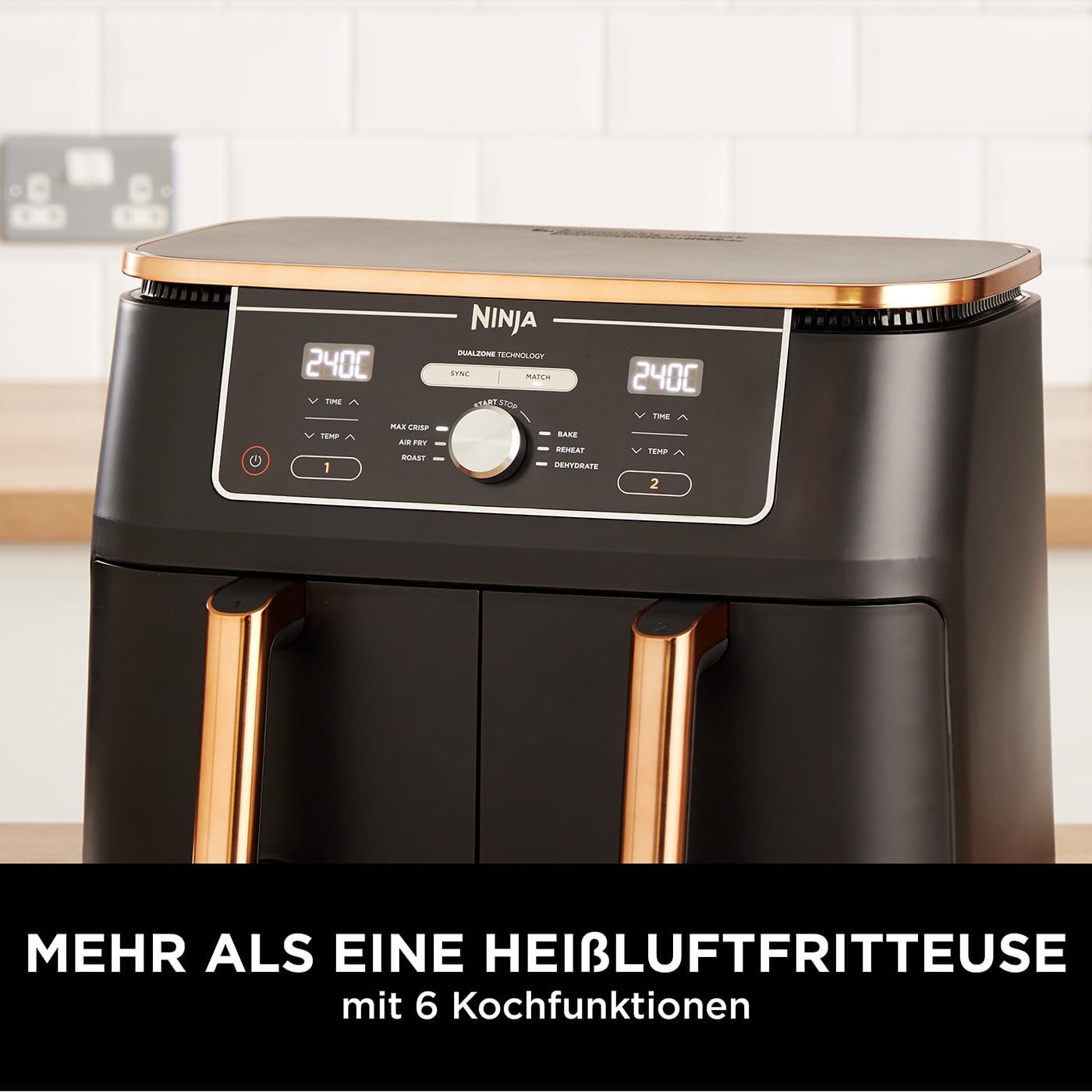 Ninja Foodi FlexDrawer Dual Zone Heißluftfritteuse, Airfryer mit 10,4-Fach und herausnehmbarem Trenner, Antihaftbeschichtung, spülmaschinenfester Korb, 7-in-1, Schwarz & Kupfer, AF500EUCP