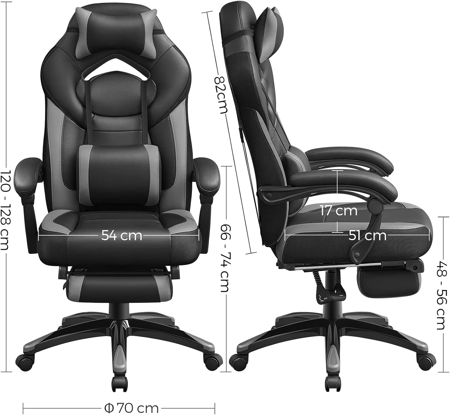 SONGMICS Fauteuil Gamer Ergonomique, Chaise Gaming, Fauteuil de Bureau, avec Repose-Pieds télescopique, Appui-tête réglable, Support Lombaire, capacité de Charge 150 kg, Gris et Noir OBG77BG