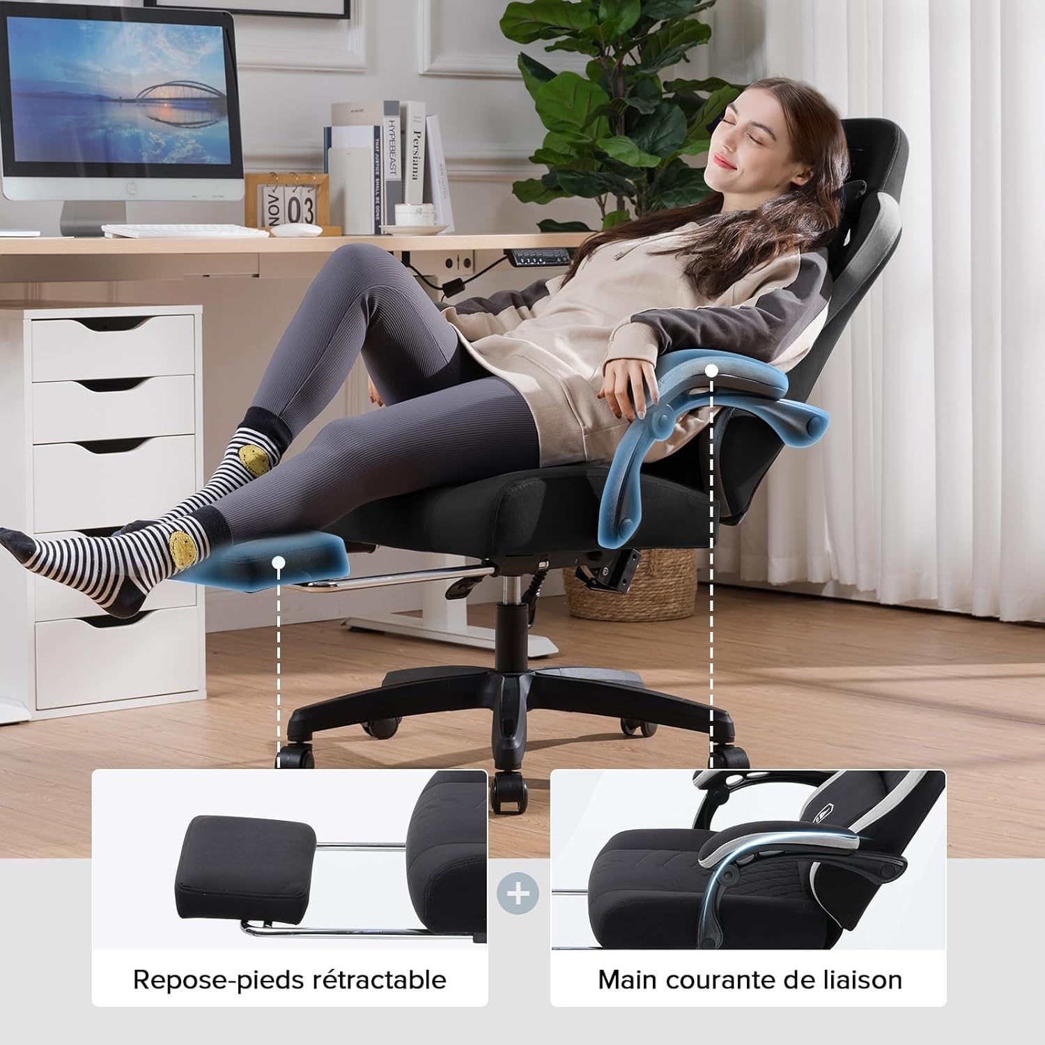 GTPLAYER Chaise Gaming Bureau Ergonomique Fauteuil Gaming Leathaire, accoudoir inclinable, avec Repose-Pieds Noir