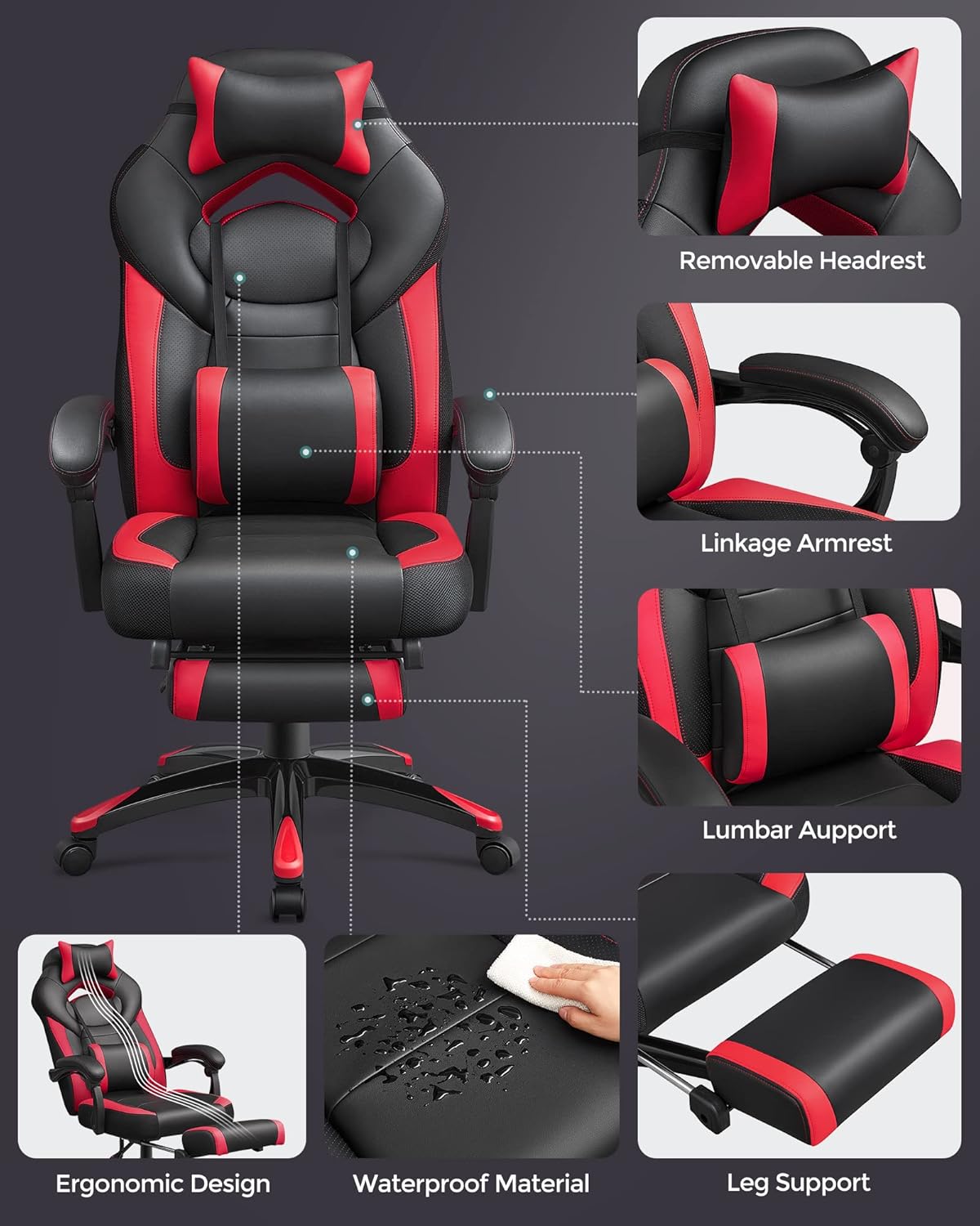 SONGMICS Fauteuil Gamer Ergonomique, Chaise Gaming, Fauteuil de Bureau, avec Repose-Pieds télescopique, Appui-tête réglable, Support Lombaire, capacité de Charge 150 kg, Gris et Noir OBG77BG