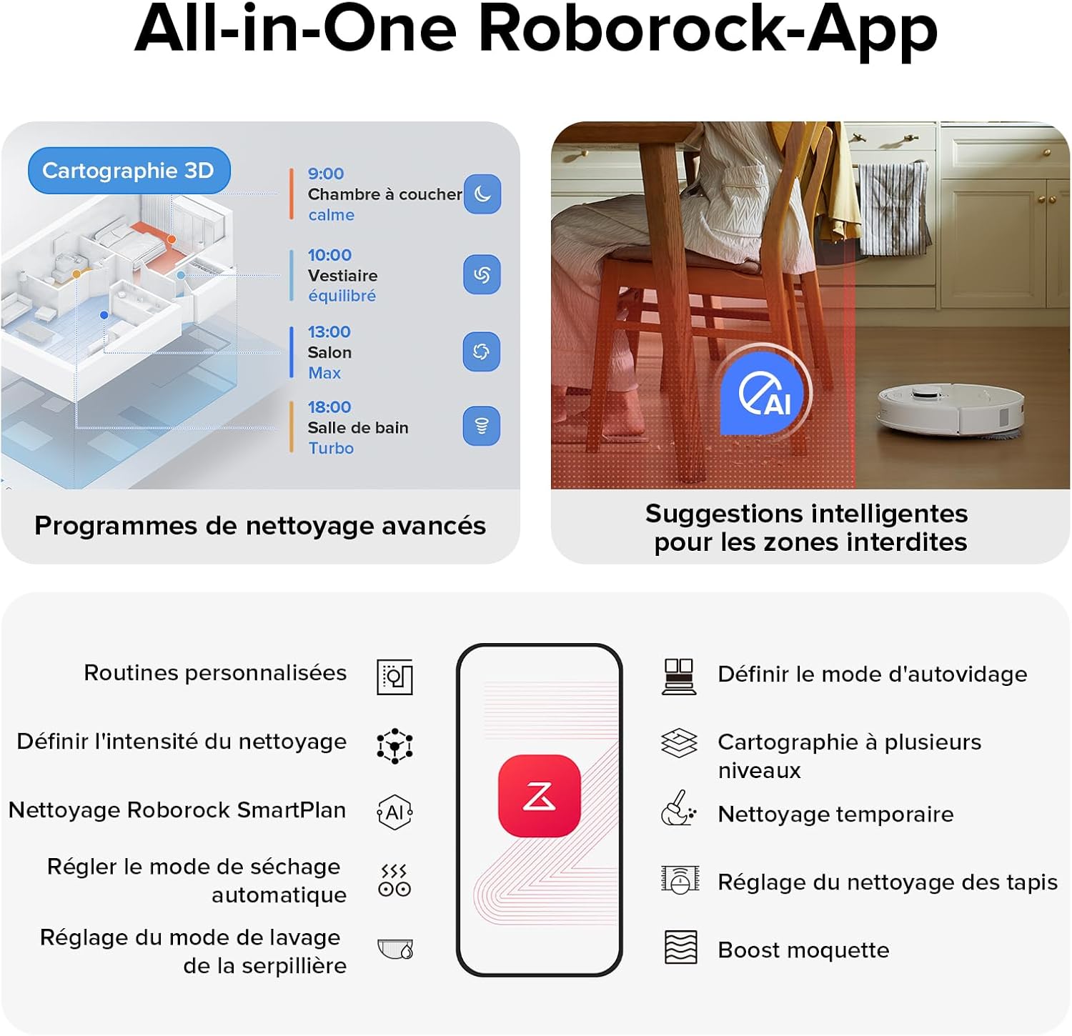 roborock Qrevo S Set Aspirateur Robot Laveur, 7000Pa HyperForce, Double Serpillière Rotative 200 tr/min & Relevable 10mm, Station Multifonctionnelle, 3D Cartographie, Reactive Tech, Contrôle APP, Noir