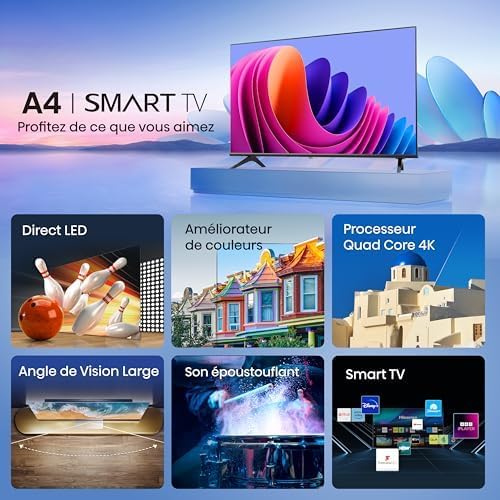 Hisense Smart TV 43 Pouces 43A6N 4K UHD, Dolby Vision, HDR, VIDAA avec Youtube, Netflix, Disney+, Canal +