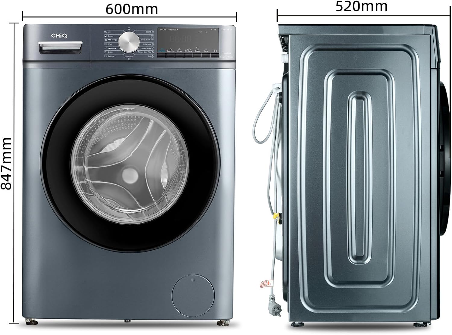 CHiQ Lave-linge CFL80-14586IM3XA, Chargement frontal 8 kg,Space Pro,Moteur Inverter stable, 1400 tr/min, Programme intelligent à IA, Fonction vapeur, Lavage rapide 15 minutes, 15 cycles lavage, Gris