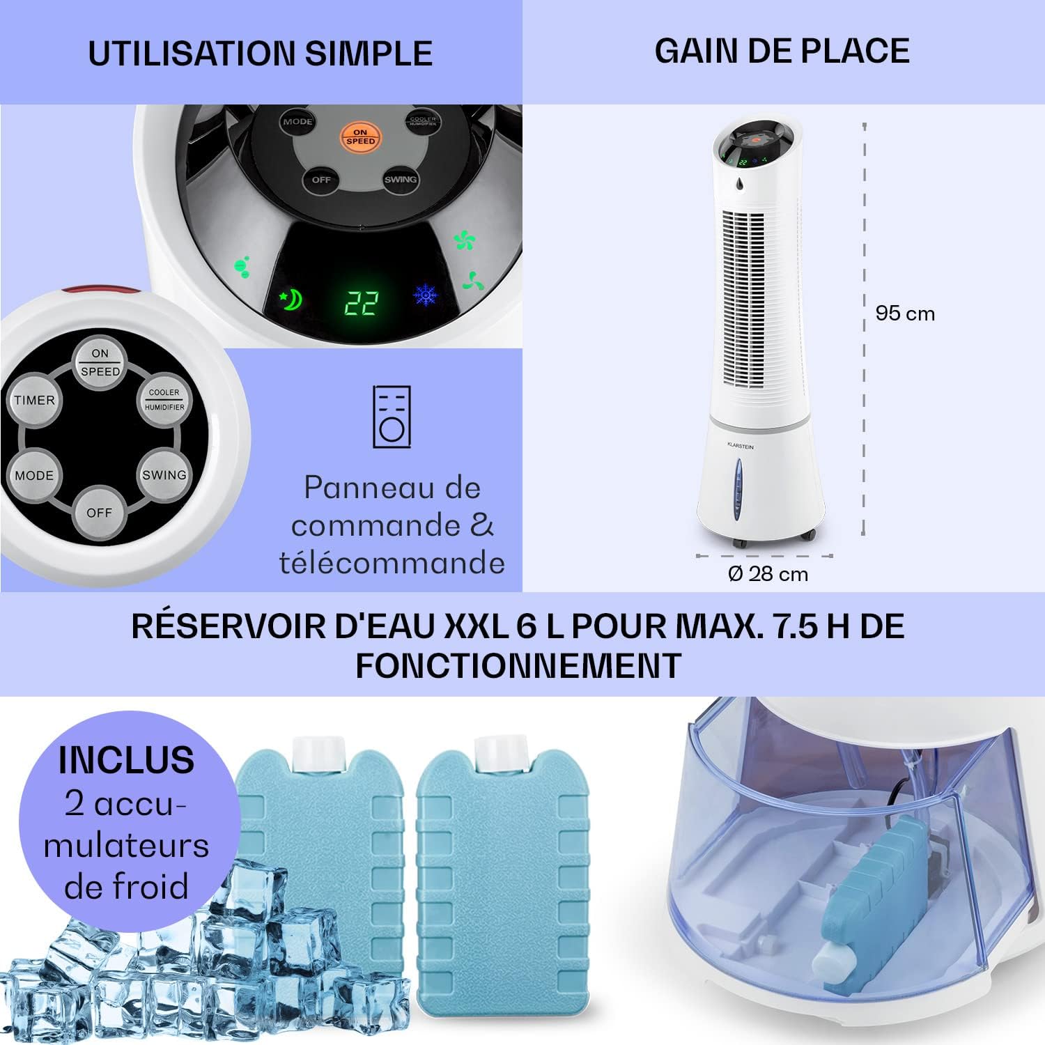 Klarstein Rafraichisseur d'Air Mobile 5 en 1, par Evaporation avec Humidificateur, Ventilateur, Ioniseur, Climatiseur Mobile Sans Évacuation, Mode Nuit, 45W, Débit d'Air de 180m³/h