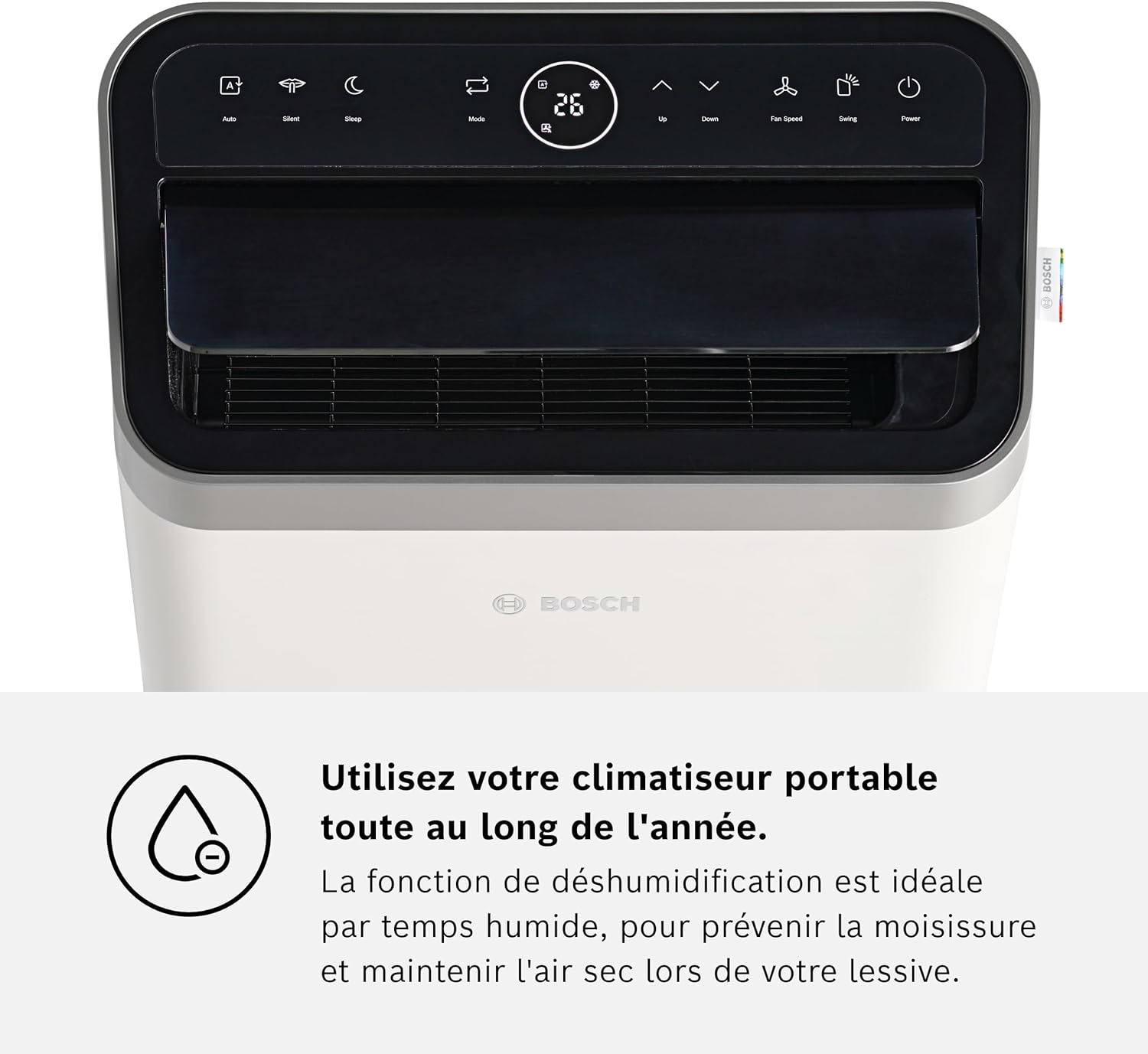 Bosch Cool 4000 Portable AC - 3 en 1 : Climatiseur, Déshumidificateur, Ventilateur - 2,6 kW pour les pièces jusqu'à 35m² - Avec Mode Auto, Mode Silencieux et Mode Veille (48 db (A)) [Classe A+]