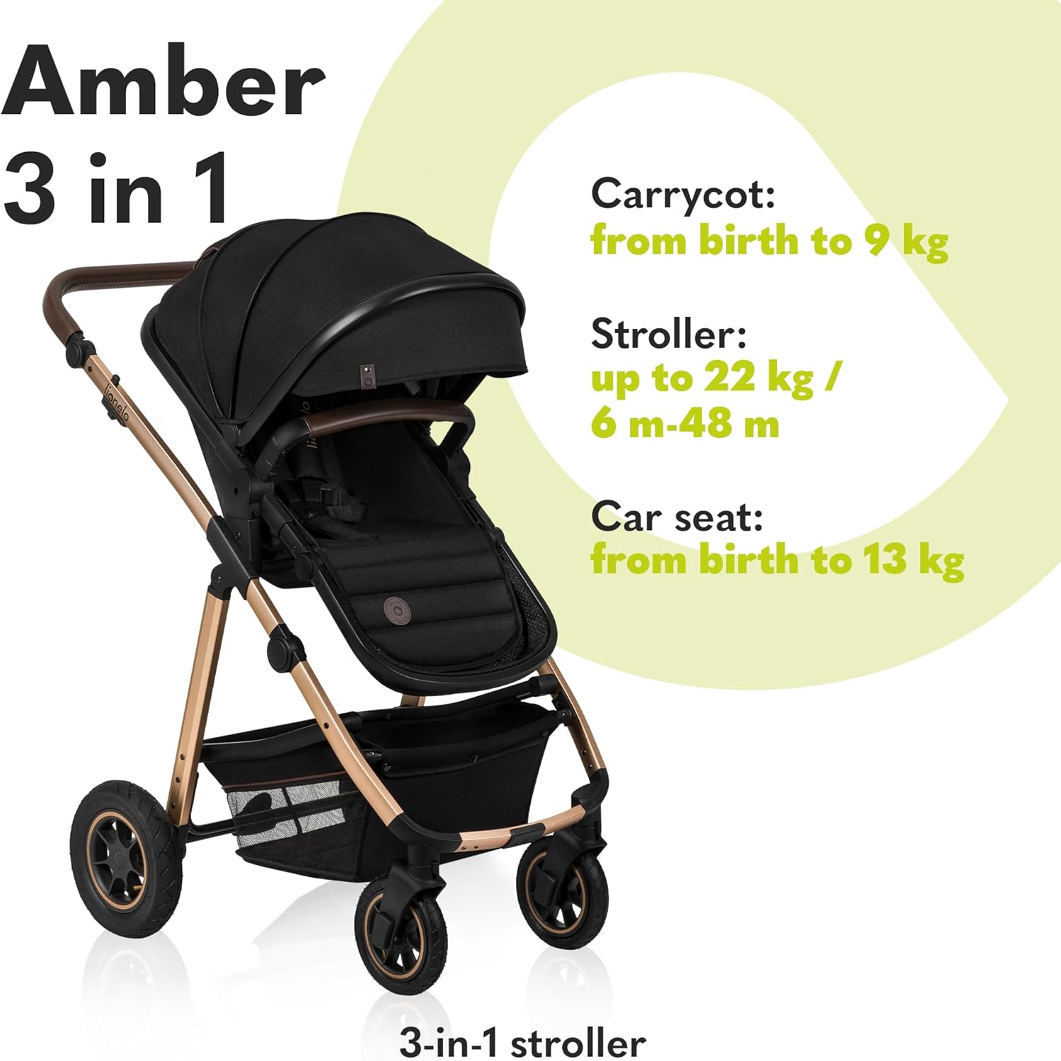 LIONELO Amber 3 in 1 poussette multifonctionnellle, landau, ensemble poussette avec siège sport et nacelle fixe, sac, moustiquaire, couvrir, feuille de pluie mit siege auto