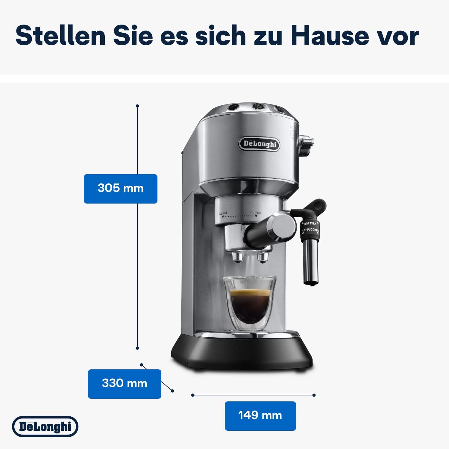 De'Longhi Dedica Style EC 685.M – Espresso Siebtrgermaschine, Espressomaschine mit professionellem Milchaufschumer, nur 15 cm breit, für Kaffeepulver oder ESE Pads, 1 l Wassertank, silber