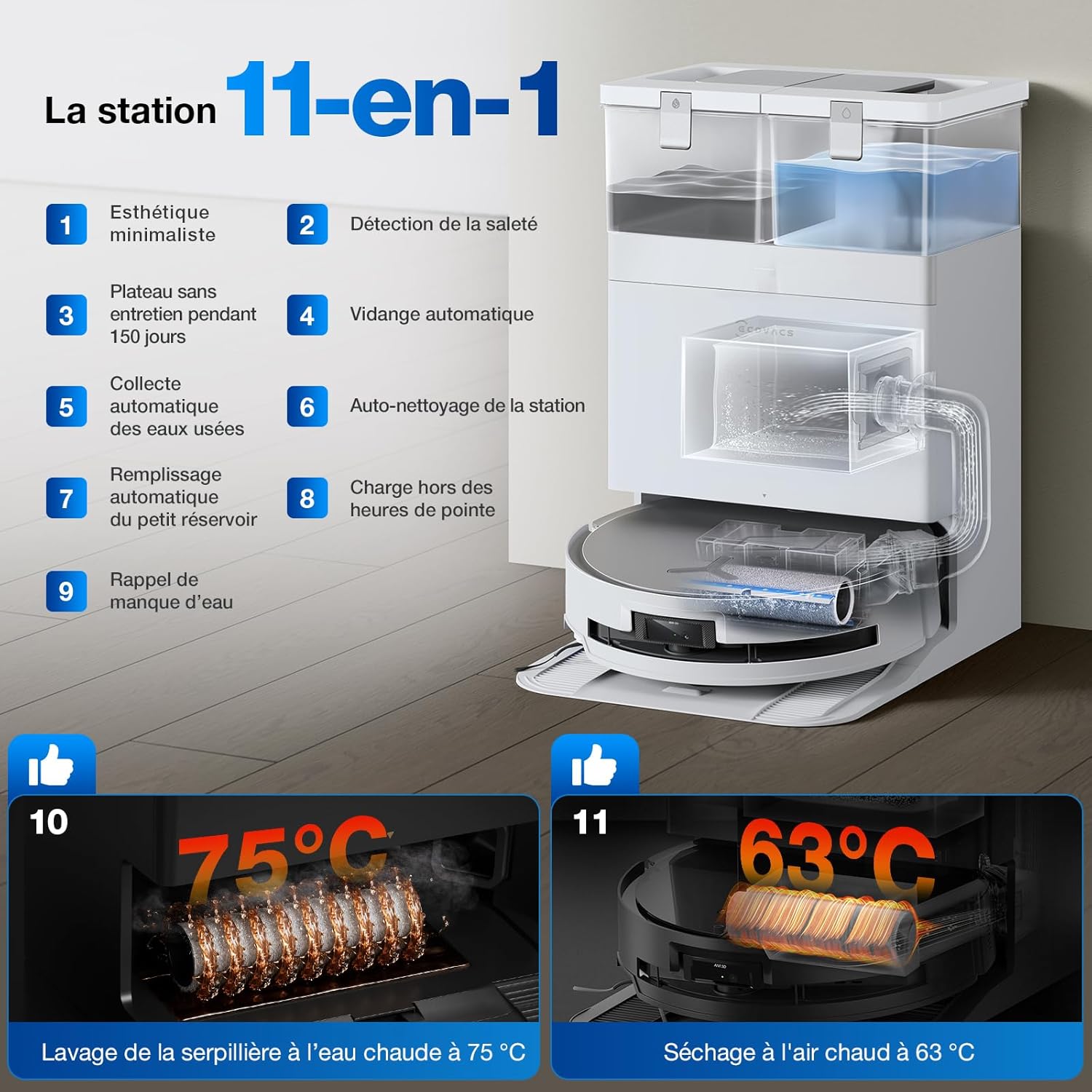 ECOVACS X8 PRO OMNI Robot Aspirateur Laveur avec Station Tout-En-Un, Puissance 18000Pa, Nettoyage Automatique Instantané OZMO ROLLER, Nettoyage à l'eau chaude 75℃, Ajout Solution Nettoyage Automatique
