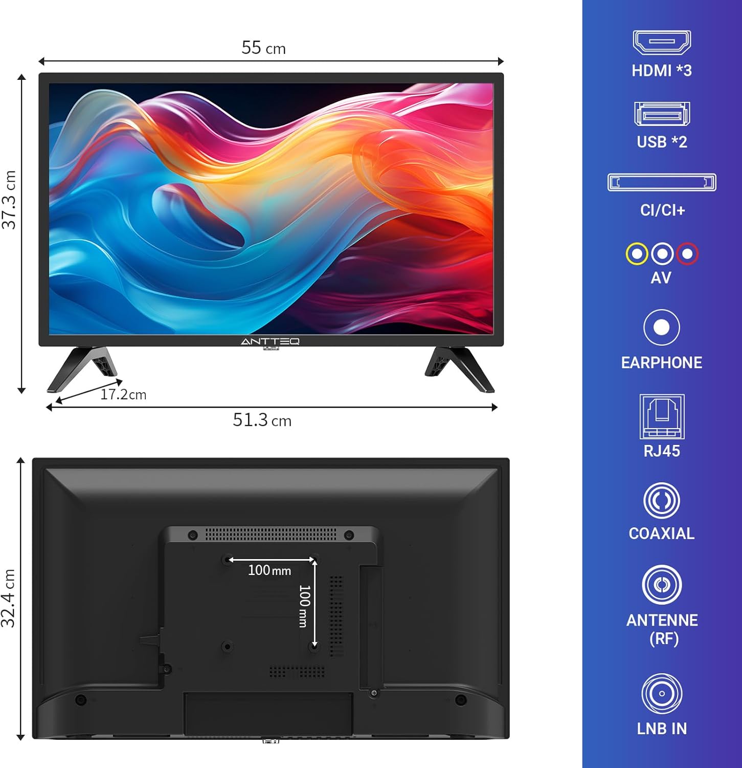 Antteq AB42D1 télévision 42 Pouces (TV 107 cm), Dolby Audio, LED, Triple Tuner DVB-C / T2 / S2, CI+, HDMI, Lecteur multimédia Via USB, Sortie Audio numérique, y Compris Mode hôtel
