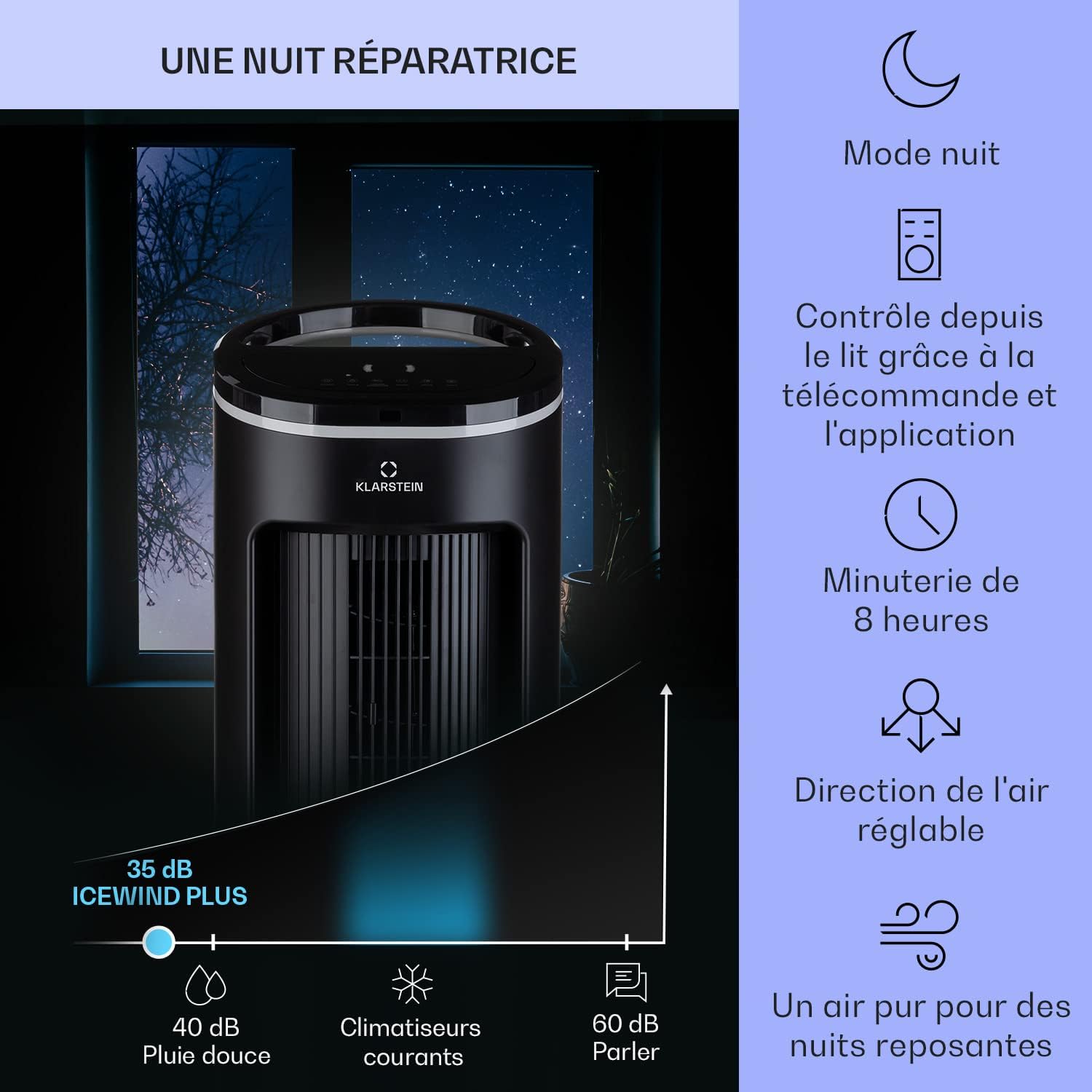 Klarstein Rafraichisseur d'Air 4 en 1, Climatiseur Portable Smart APP Mobile, Humidificateur, Ventilateur, Sans Évacuation 65W, Pack Glacons, Mode Nuit, Puissant Débit d'Air 330m³/h