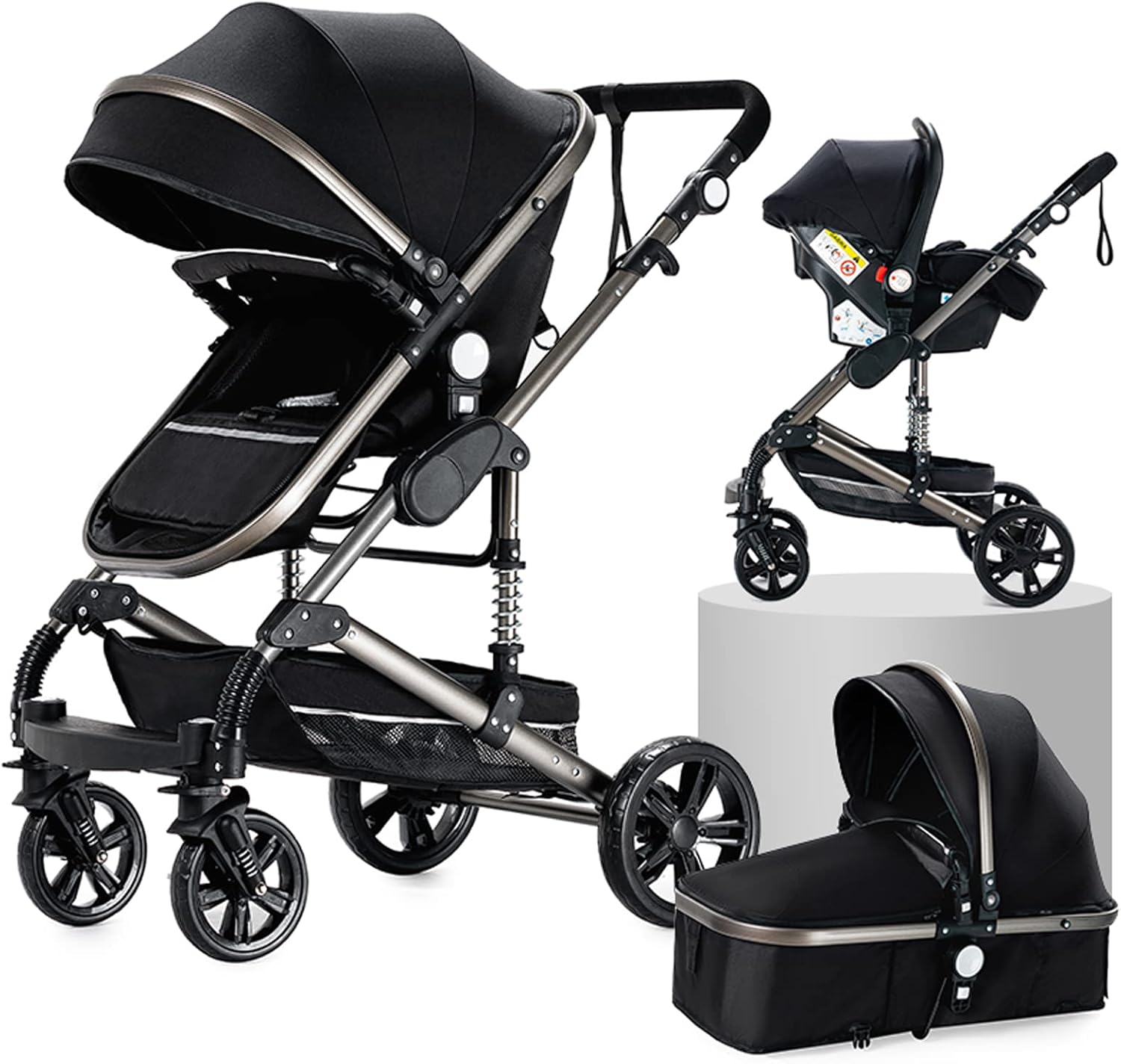 NADDLILY Poussette 3 en 1, Poussette Bebe avec Conception Portable Pliable en Un Clic, Pousette 3 en 1 avec Poussée Réversible Bidirectionnelle, Poussette Canne avec Accessoires (V9 Black)