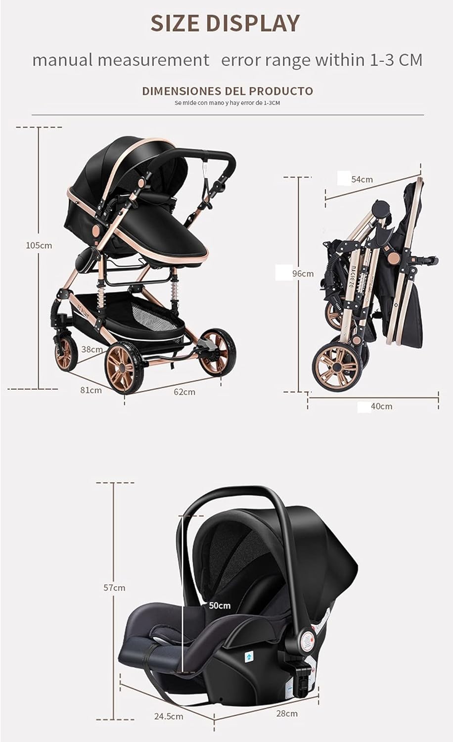Magic ZC Poussette 3 en 1, Poussette Bebe avec Conception Portable Pliable en Un Clic, Pousette 3 en 1 avec Poussée Réversible Bidirectionnelle, Poussette Trio avec Accessoires (black gold 588)