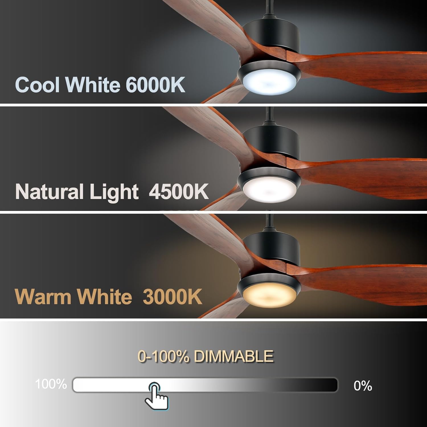 Ovlaim 132cm intérieur extérieur 3 pales hélice Smart ventilateur de plafond, Ventilateur de plafond en bois massif à moteur DC silencieux avect