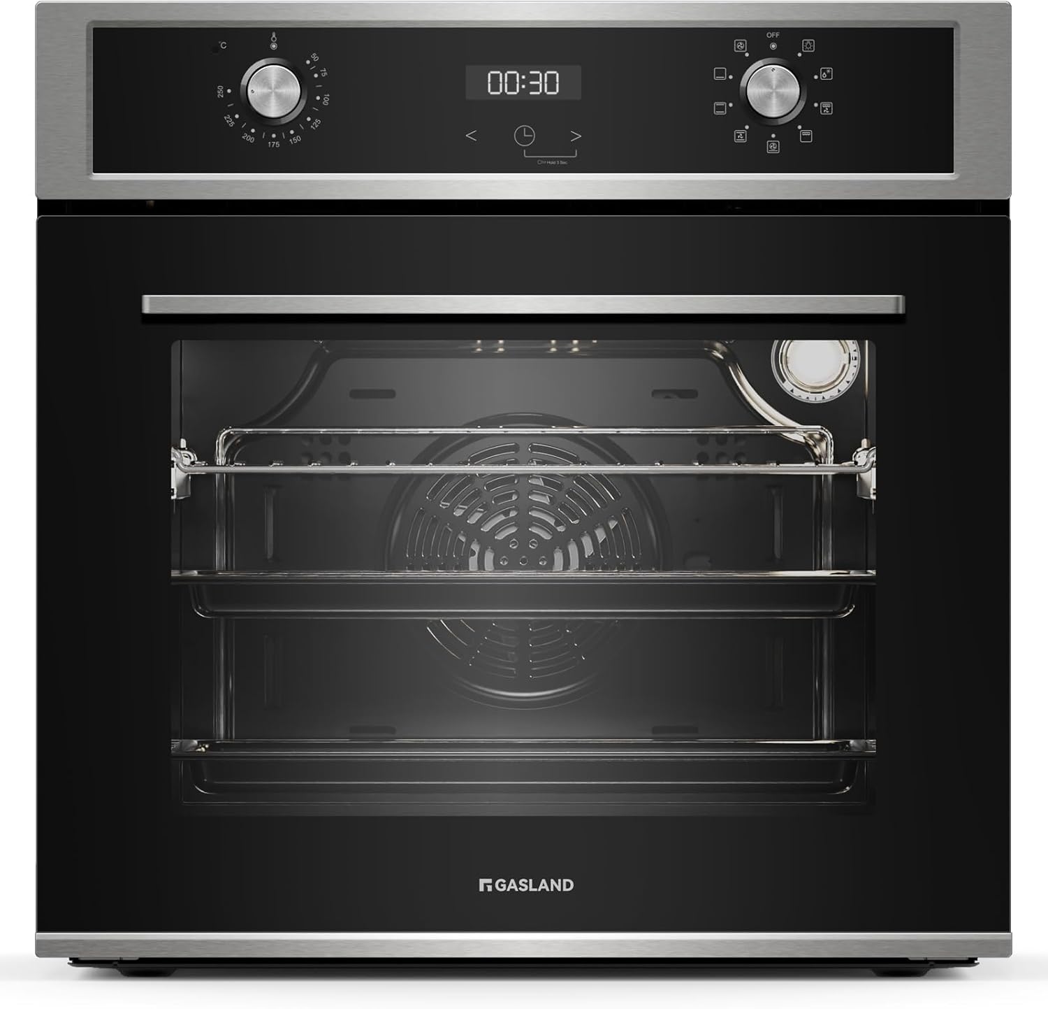 GASLAND ES609321DSH Four à encastrer, 70L, autarcique, four électrique avec 9 fonctions four, triple vitrage, tiroir télescopique et sélecteur rotatif escamotable, air chaud, inox, sécurité enfant