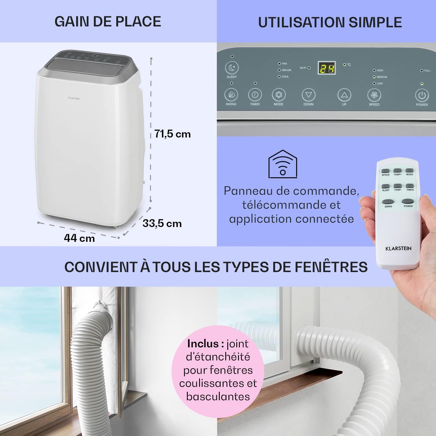 Klarstein Climatiseur Mobile Silencieux, Climatiseur 3 en 1, Mode Nuit, Déshumidificateur, Ventilateur, Mini Climatisation à Faible Conso, Evacuation, Clim Portable, Puissante, 12000 BTU, Climatiseurs