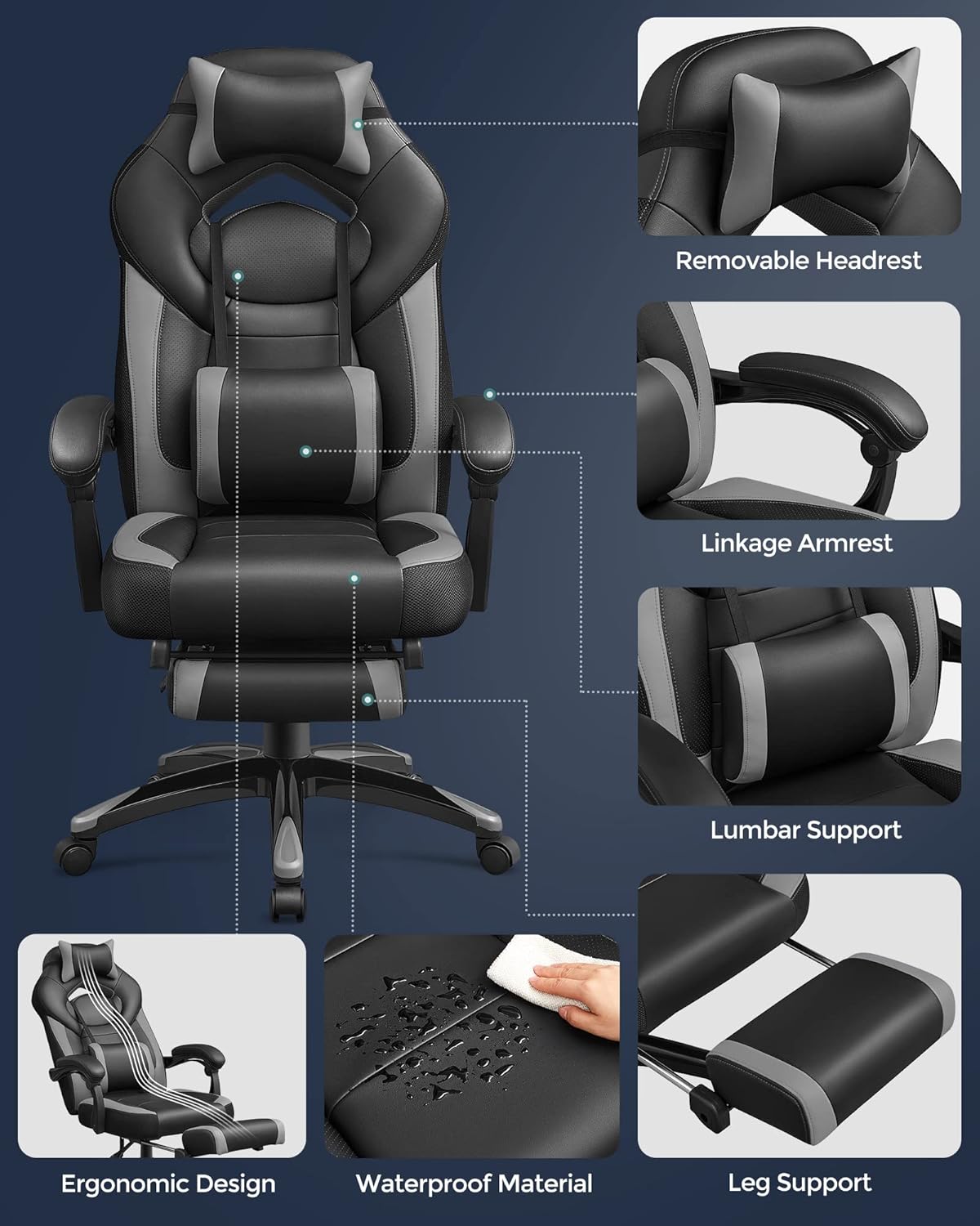 SONGMICS Fauteuil Gamer Ergonomique, Chaise Gaming, Fauteuil de Bureau, avec Repose-Pieds télescopique, Appui-tête réglable, Support Lombaire, capacité de Charge 150 kg, Gris et Noir OBG77BG