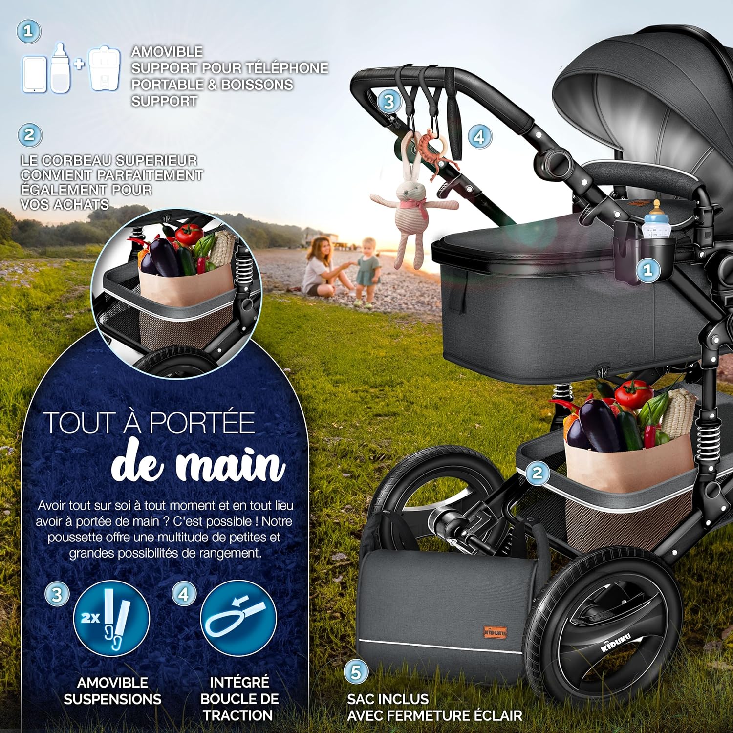 KIDUKU® Poussette Combinée 3 en 1 | Trio pour Enfants | Siége Auto Légère, Piable | Nacelle Souple Convertible | Set de Voyage (Noir/Champagne)