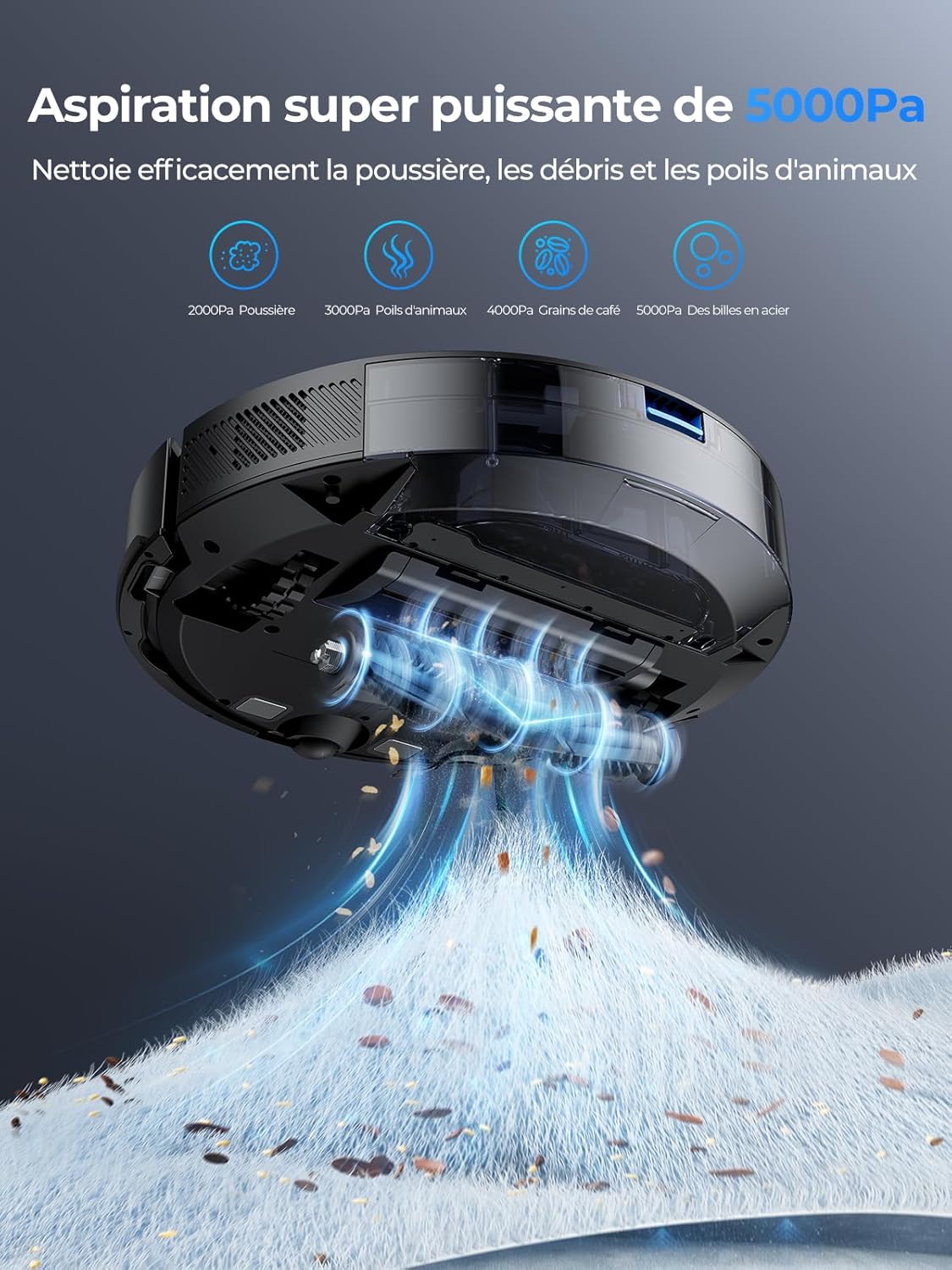 Laresar Clean Robot Aspirateur Laveur Mars01, Navigation Lidar 360°, 5000Pa Aspirateur Robot, 180min, Robot Aspirateur Laveur Convient aux Poils d'animaux, Tapis et Sols，App/Alexa/Google Home