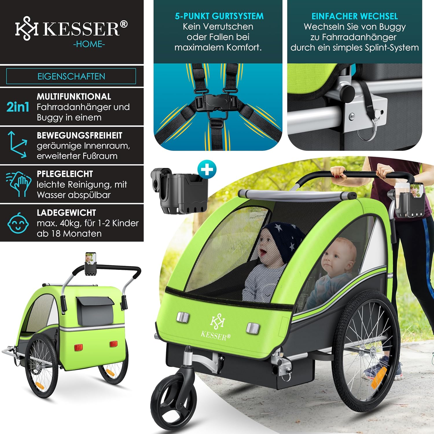 KESSER® Remorque pour Enfants Remorque de vélo Sport-RX 2en1 Fonction de Running Remorque de vélo pour Enfants + Ceinture de sécurité 5 Points 360°- Roue Avant Jogger Poussette Vélo