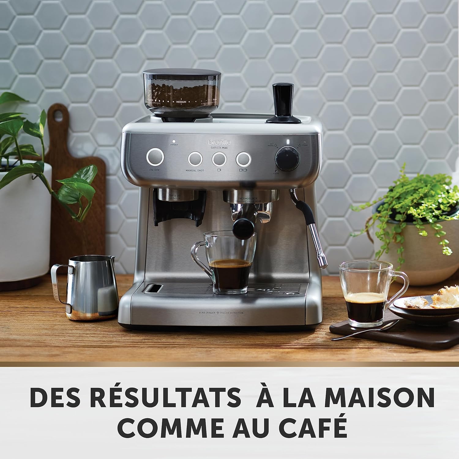 Breville Barista Max Machine à café/machine à expresso, semi-automatique avec moulin broyeur à grain intégré, buse à vapeur pour faire mousser le lait & pompe italienne de 15 bars [VCF126X]