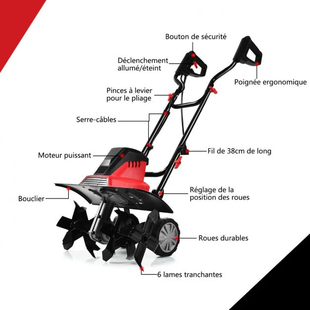 Motobineuse motoculteur électrique 1500 watts profondeur travail 22 cm largeur 43cm avec poignée pliable roues réglables 6 lames 20_0007354
