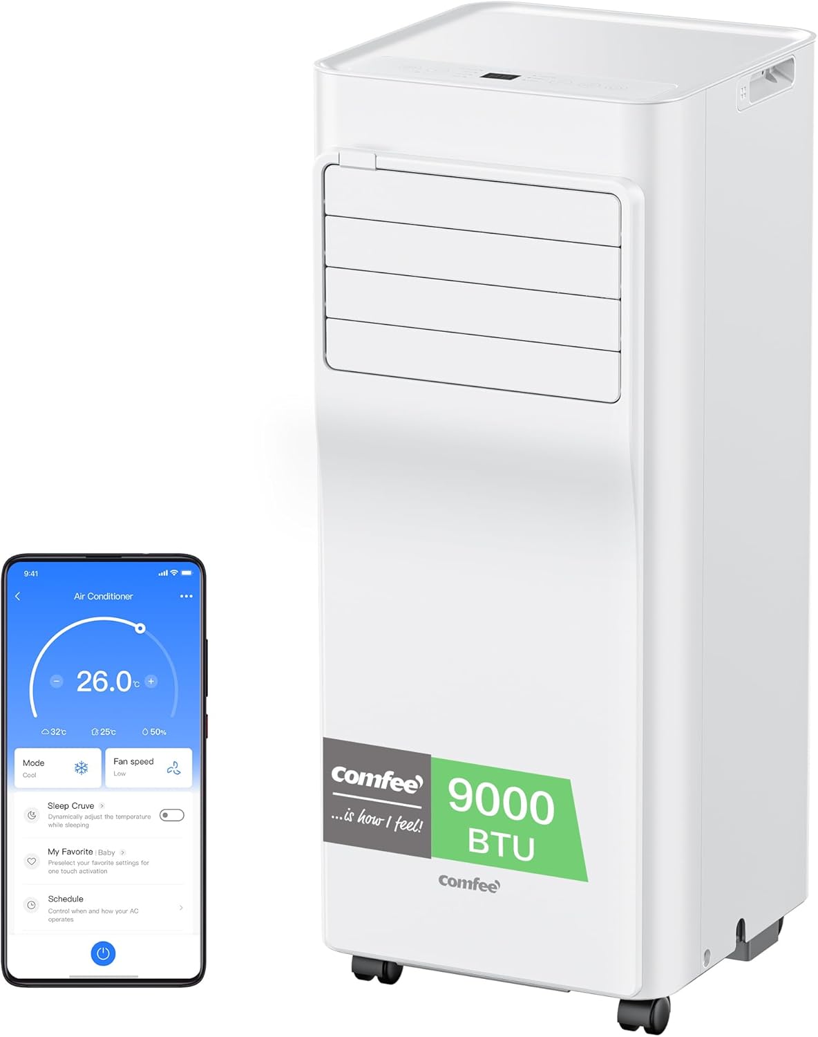 COMFEE' Climatiseur Mobile 9000 BTU/h 2,6kW, Contrôle APP, 3 Modes, 3 Vitesses de ventilation, Dimensions compactes, Pour pièces de 33㎡, Breezy Cool 2.6, Fonctionne avec Alexa