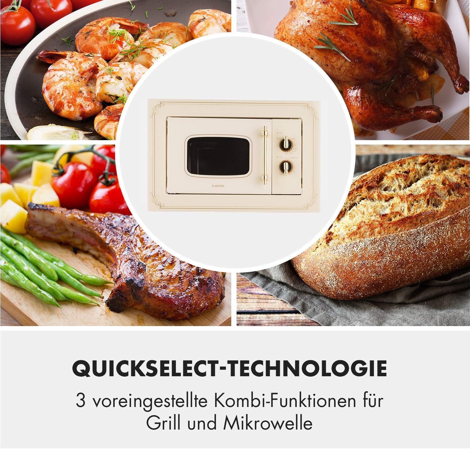 Klarstein Victoria 20 - micro-ondes encastrable, design rétro, 20L, micro-ondes 800W / puissance de gril 1000W, 3 fonctions grill/micro-ondes, acier inoxydable, cadre de montage, ivoire