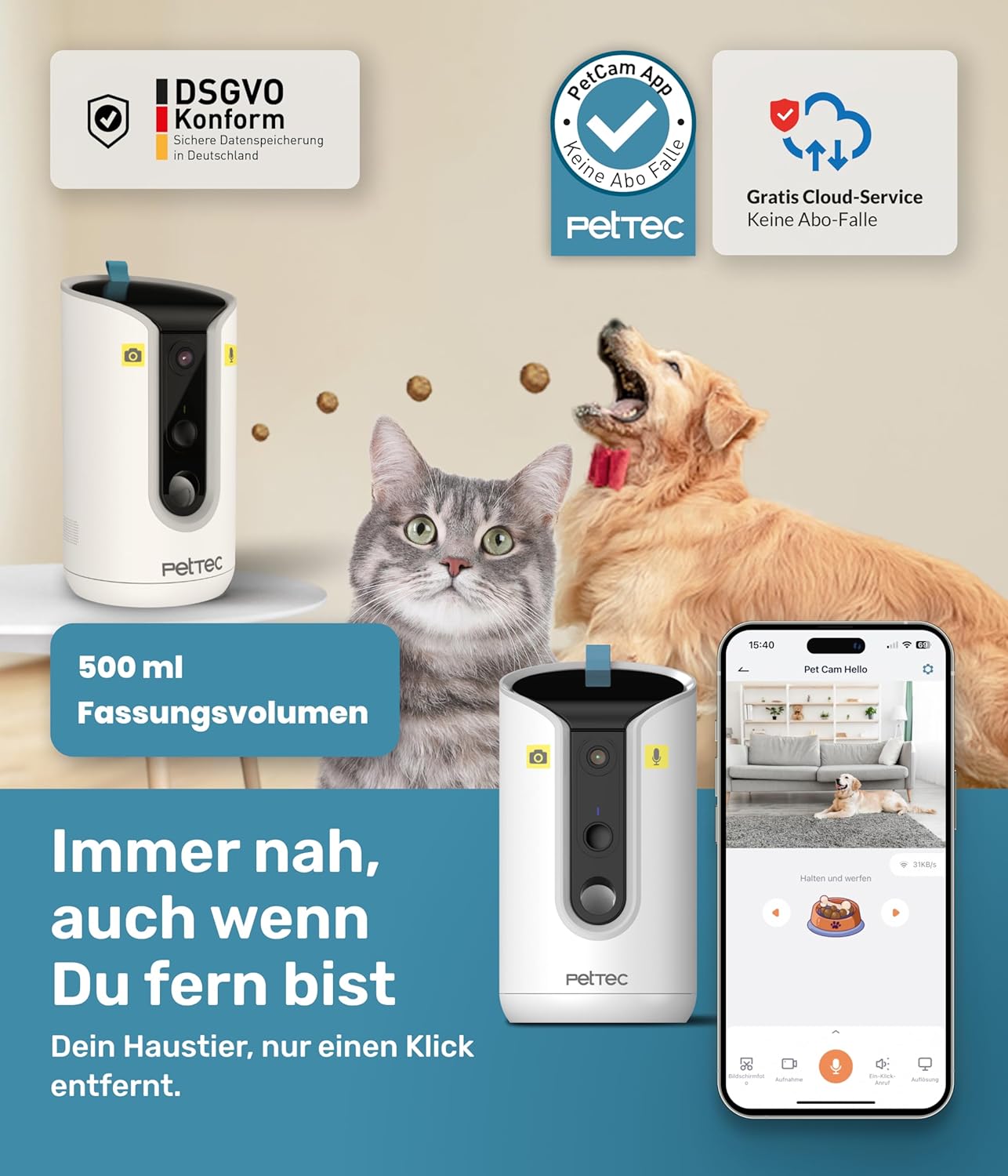 PetTec Cam Free Lot de 2 caméras sans fil pour animaux de compagnie avec application [sans piège à abonnement] – Caméra pour chats et chiens intérieur/extérieur – Détection de mouvement et fonction