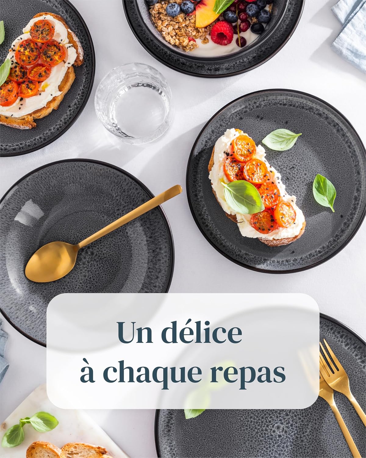 Service de Vaisselle en Grès Ibiza 36 pièces –Ensemble de Vaisselle pour 12 Personnes, Adapté au Lave-Vaisselle et au Micro-Ondes, Pure Living bleu fumé, Assiettes Service de Table