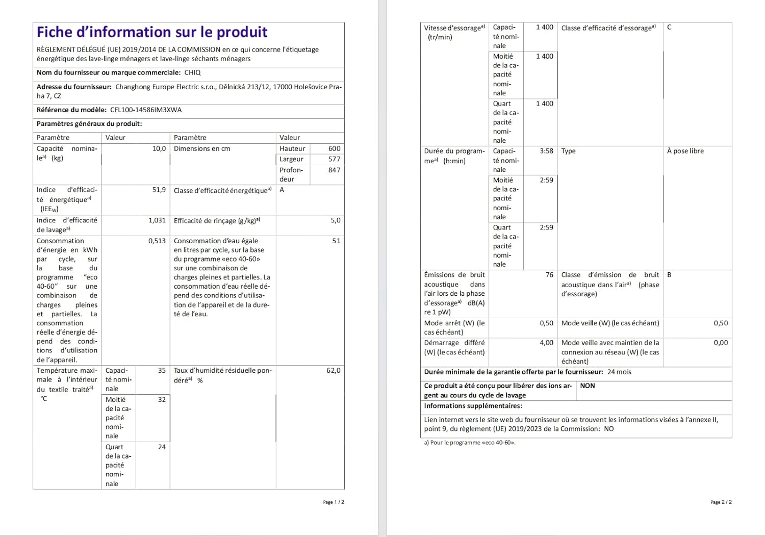 CHiQ Lave-linge à chargement frontal 10kg CFL100-14586IM3XWA,Space Pro,Moteur Inverter stable,1400 tr/min, Programme intelligent à IA,Fonction vapeur,Lavage rapide 15 minutes,15 cycles lavage,Blanc