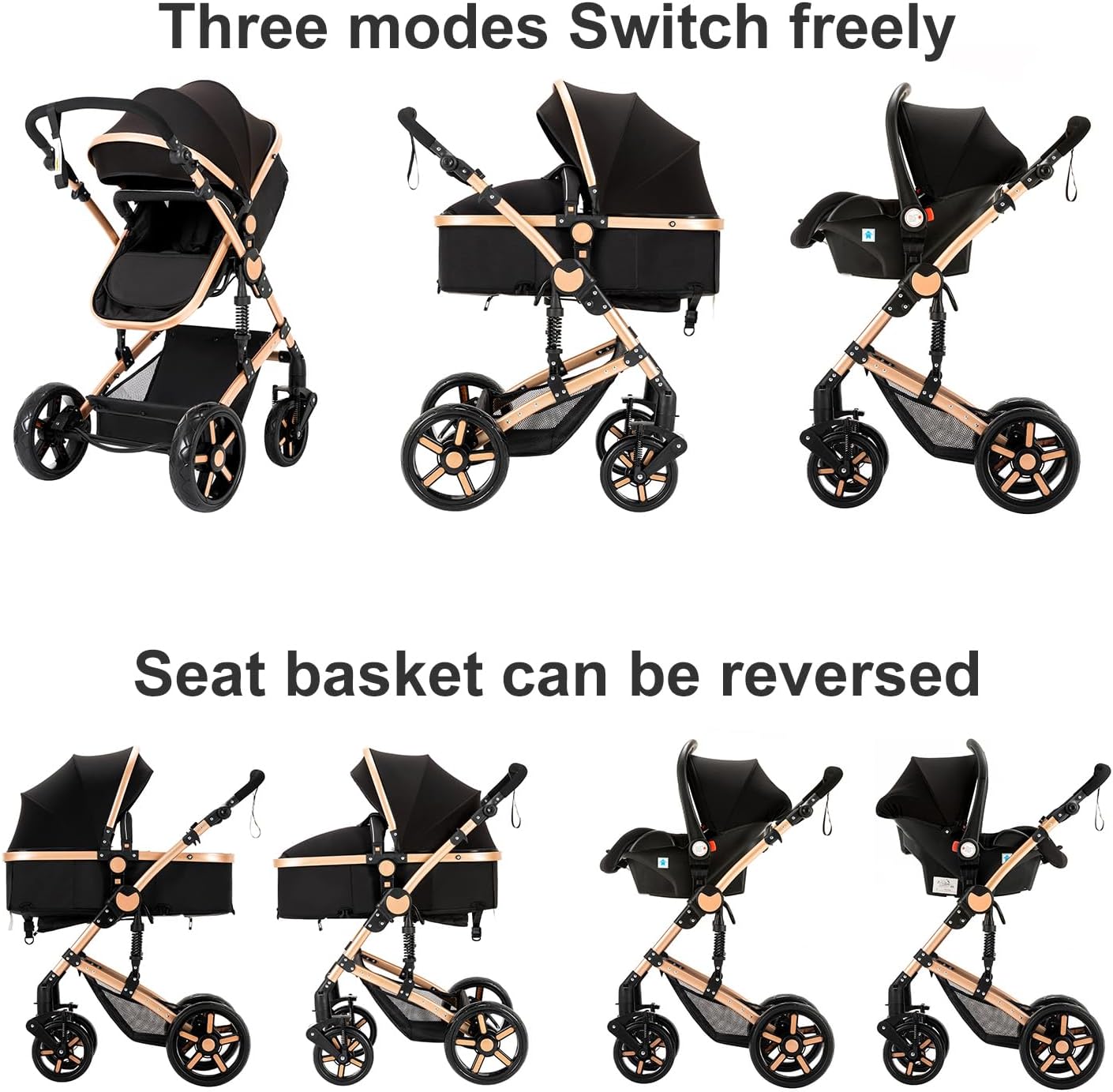 NADDLILY Poussette 3 en 1, Poussette Bebe avec Conception Portable Pliable en Un Clic, Pousette 3 en 1 avec Poussée Réversible Bidirectionnelle, Poussette Canne avec Accessoires (V9 Black)