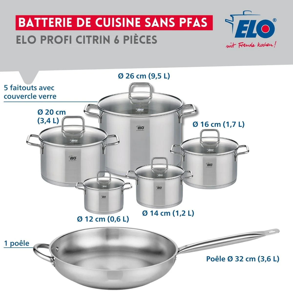Set de 1 Poêle de cuisson 32 cm et 5 faitouts 12, 14, 16, 20 et 26 cm Elo Profi Citrin Elo