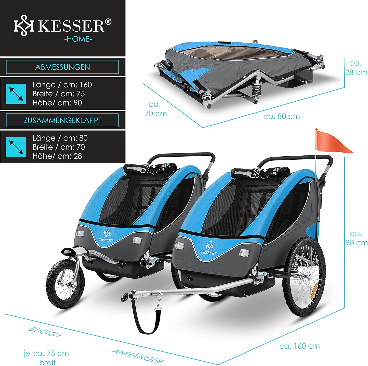 KESSER® Remorque de vélo pour enfant - Rotation à 360° - Avec suspension 2 en 1 - Fonction jogger - Remorque de vélo pour enfant - Sangle à 5 points - Pour 1 à 2 enfants - 40 kg
