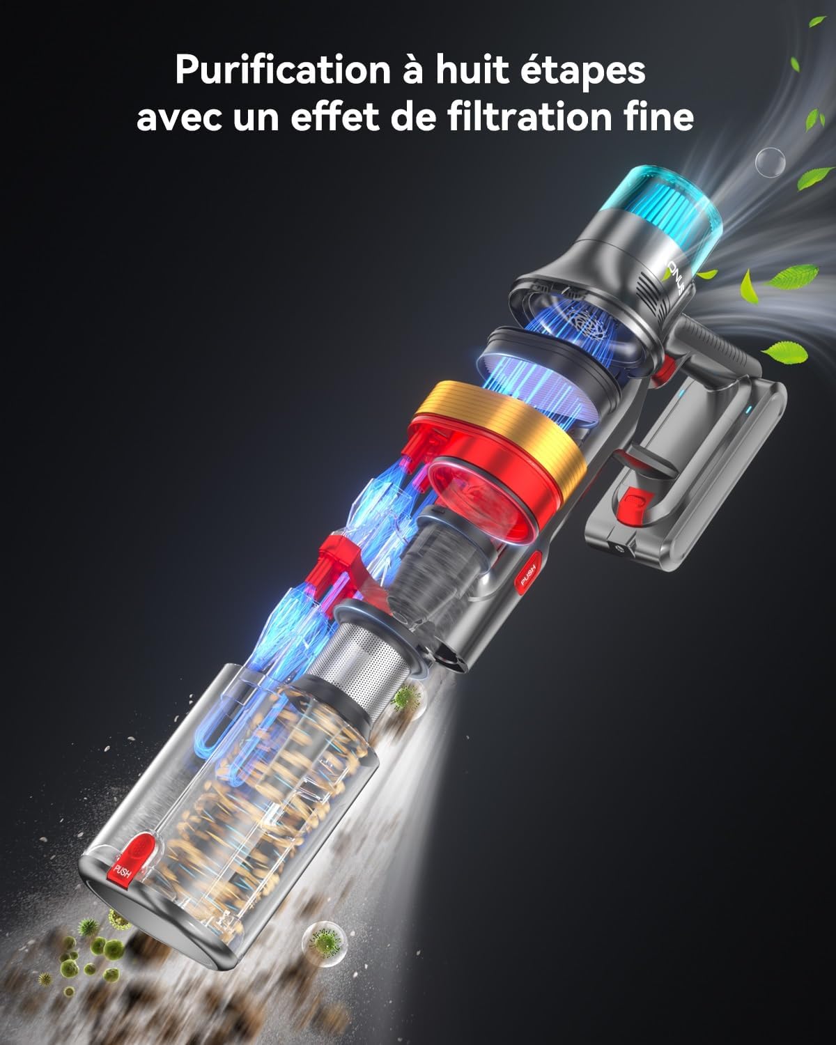 aonus A9 Max Aspirateur Balai sans Fil 48Kpa/600W/70Mins, Aspirateur sans Fil Puissant, Autoportant, 1.8L Ultra Grande Capacité, Écran Tactile Intelligent pour Les Poils d'animaux/Sols Durs/Tapis