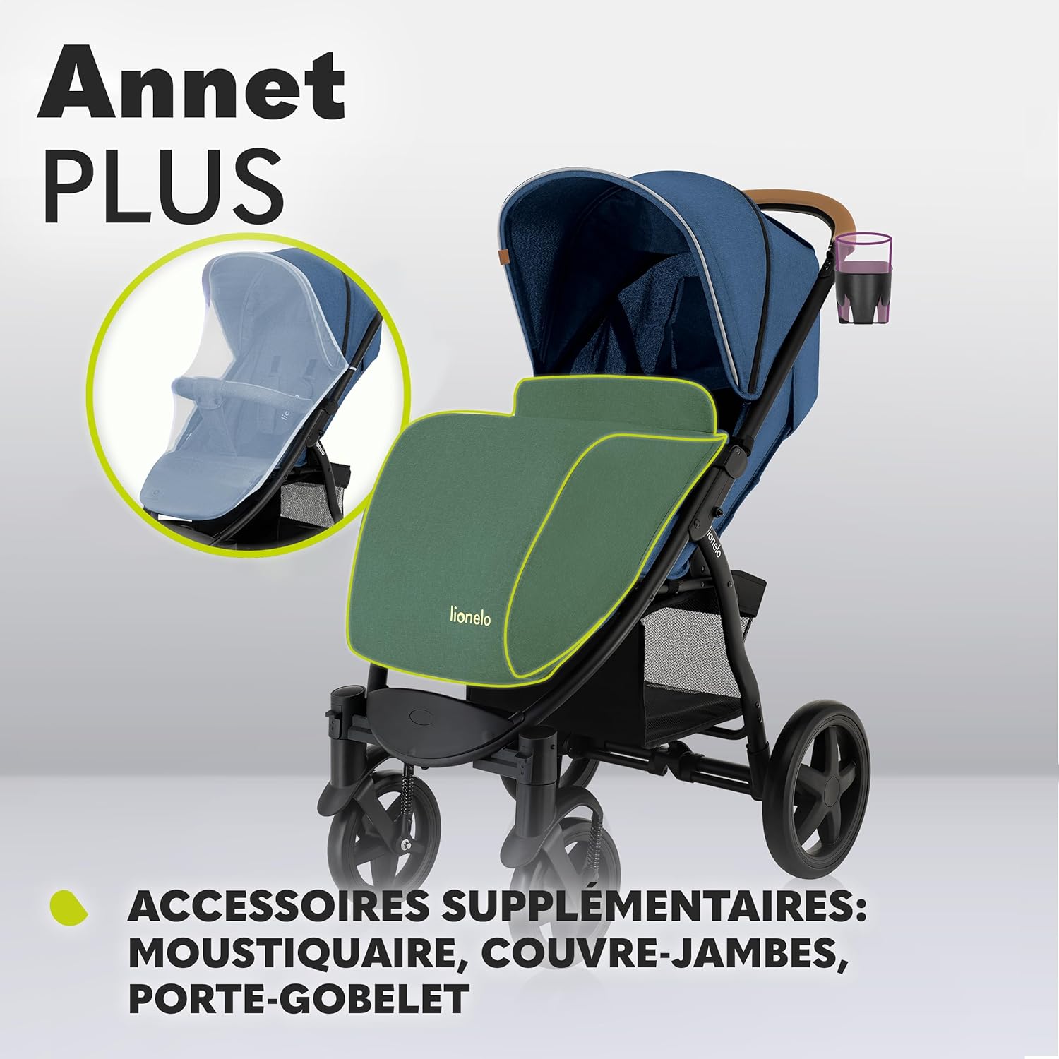 LIONELO Annet Plus poussette bebe à 22 kg, auvent avec fenêtre, roues EVA, chancelière moustiquaire porte-gobelet, réglage du dossier jusqu’à la position couchée (Dreamin, PLUS)