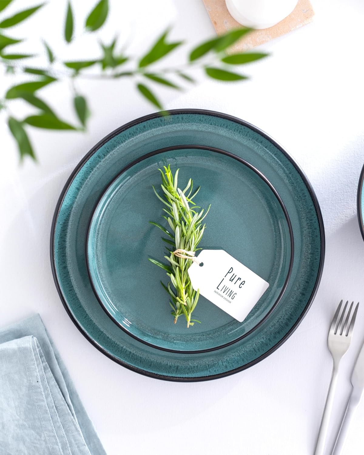 Service de Vaisselle en Grès Ibiza 36 pièces –Ensemble de Vaisselle pour 12 Personnes, Adapté au Lave-Vaisselle et au Micro-Ondes, Pure Living bleu fumé, Assiettes Service de Table