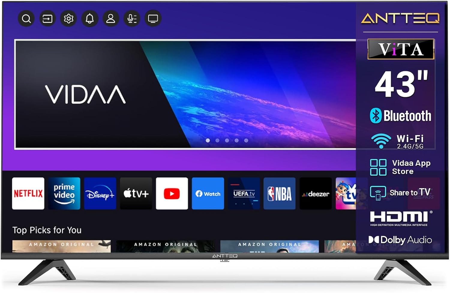 Antteq AB42D1 télévision 42 Pouces (TV 107 cm), Dolby Audio, LED, Triple Tuner DVB-C / T2 / S2, CI+, HDMI, Lecteur multimédia Via USB, Sortie Audio numérique, y Compris Mode hôtel