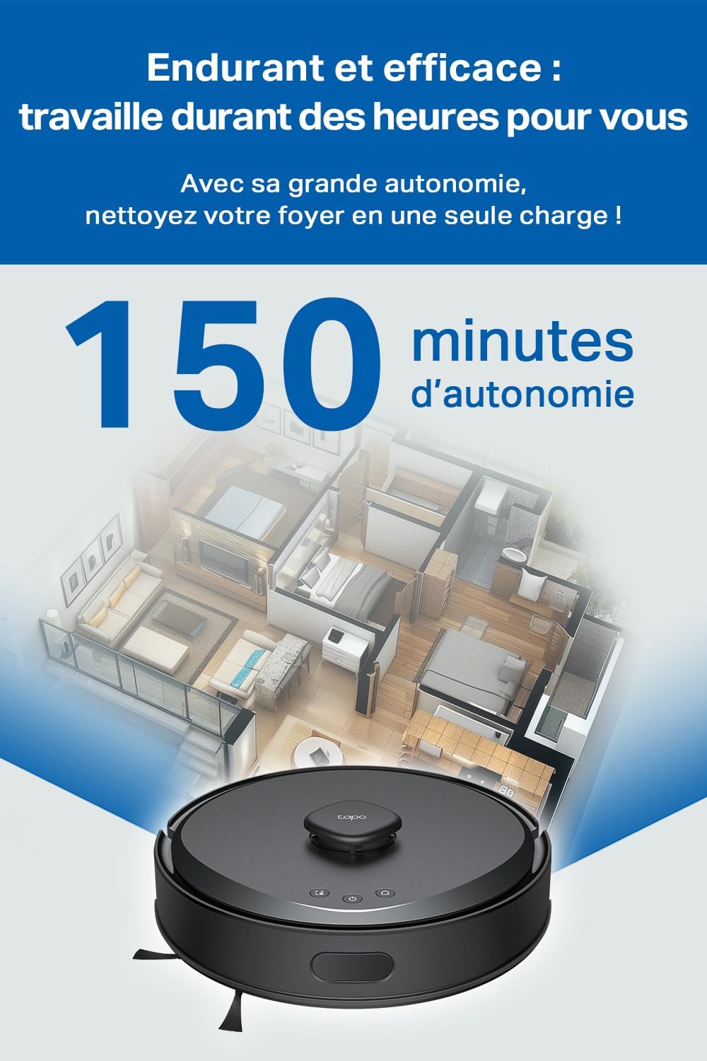 Tapo Aspirateur Robot Laveur 2 en 1 RV20Max Plus, Vidage Automatique, Silencieux Ultra Fin, Ultra puissante de 5300Pa, Navigation LiDAR, Auto-Charge Autonomie 180min, Tapis et Poils d'animaux